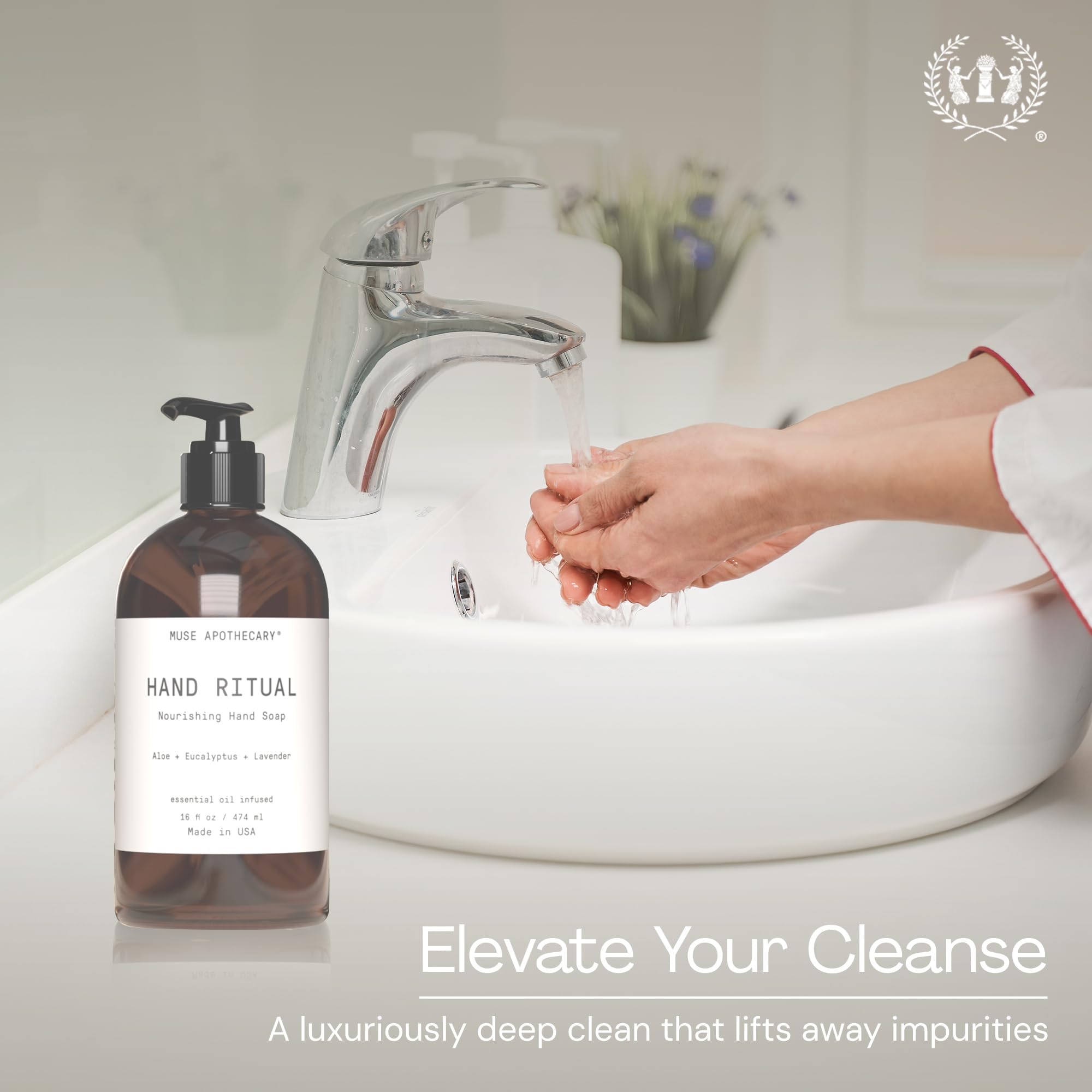 Muse Apothecary Handseife, aromatisch und pflegend, mit natürlichen ätherischen Ölen für Aromatherapie, zertifiziert durch die Verwendung als biobasiertes Produkt, 473 ml, Kokosnuss und Sandelholz.
