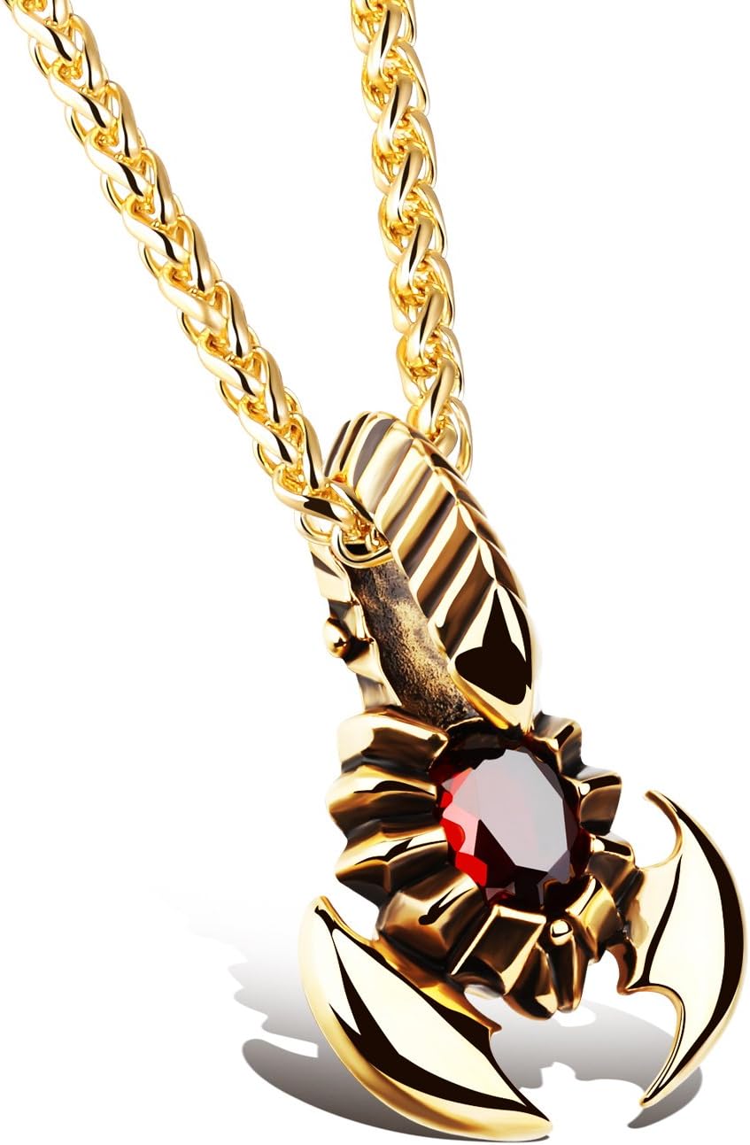 TENGYI Men's Stainless Steel Pendant Necklace Scorpion King Red Gemstone Jewelry Gift,Silver/Gold,24 Inch