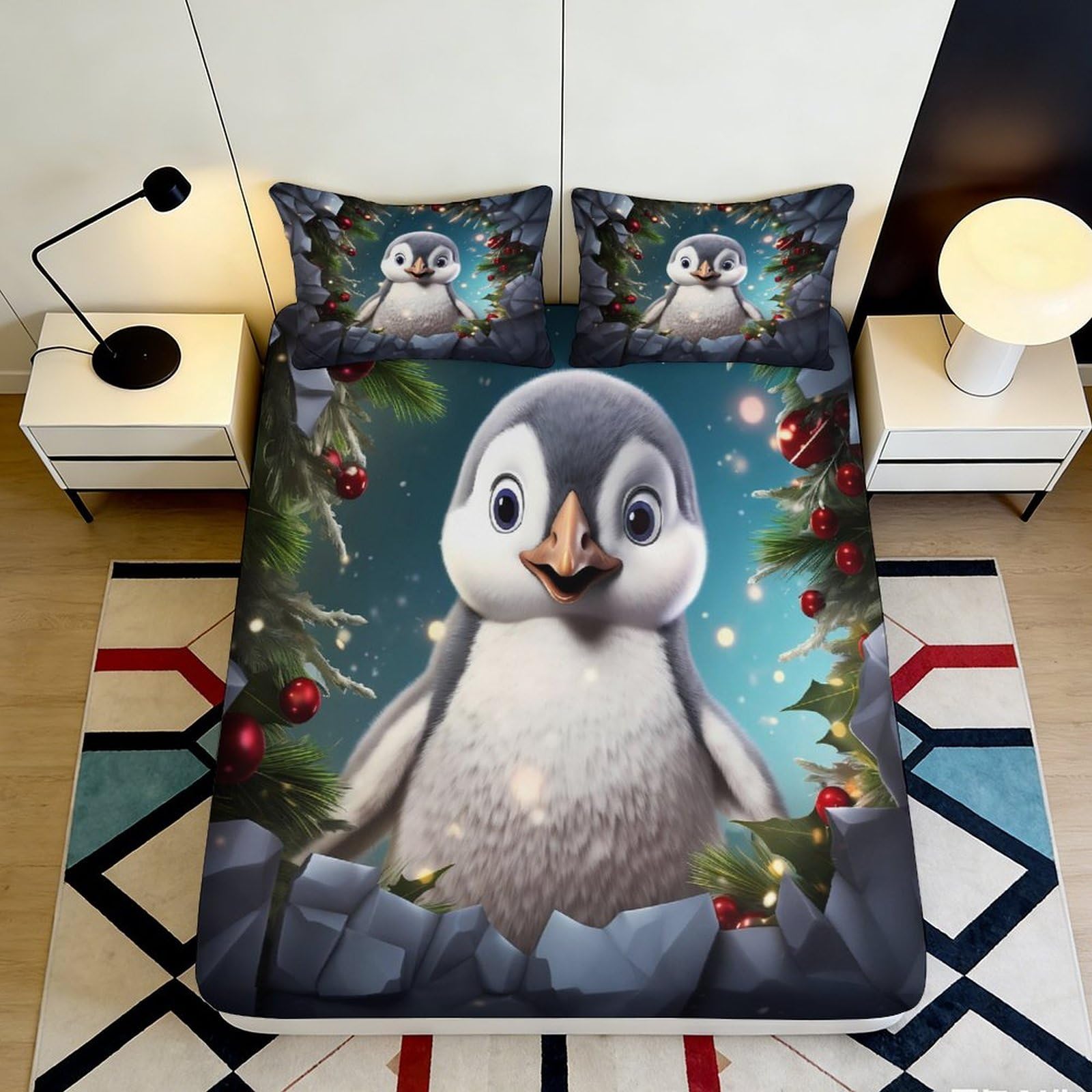 3D Printed Cute Penguin Fitted Sheet Microfiber Non-Slip Deep Pocket Bedroom Bedding Cute Penguin Mattress Fitted Cover Washable Wrap 200x200x25cm 90x200x25cm