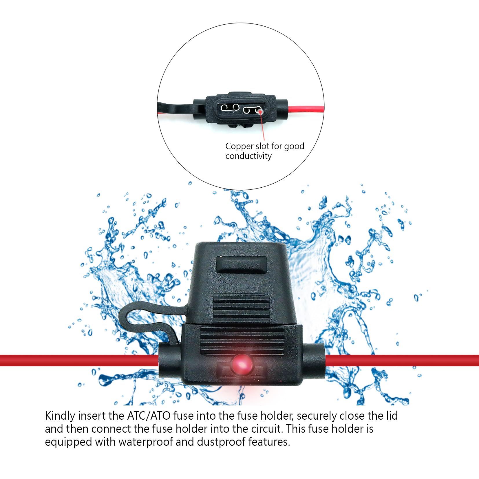 parts PTT Waterproof IP67 in-line ATO/ATC Standard LED Fuse Holder,12 AWG for Automotive Marine(2 Pack), Black - Image 4