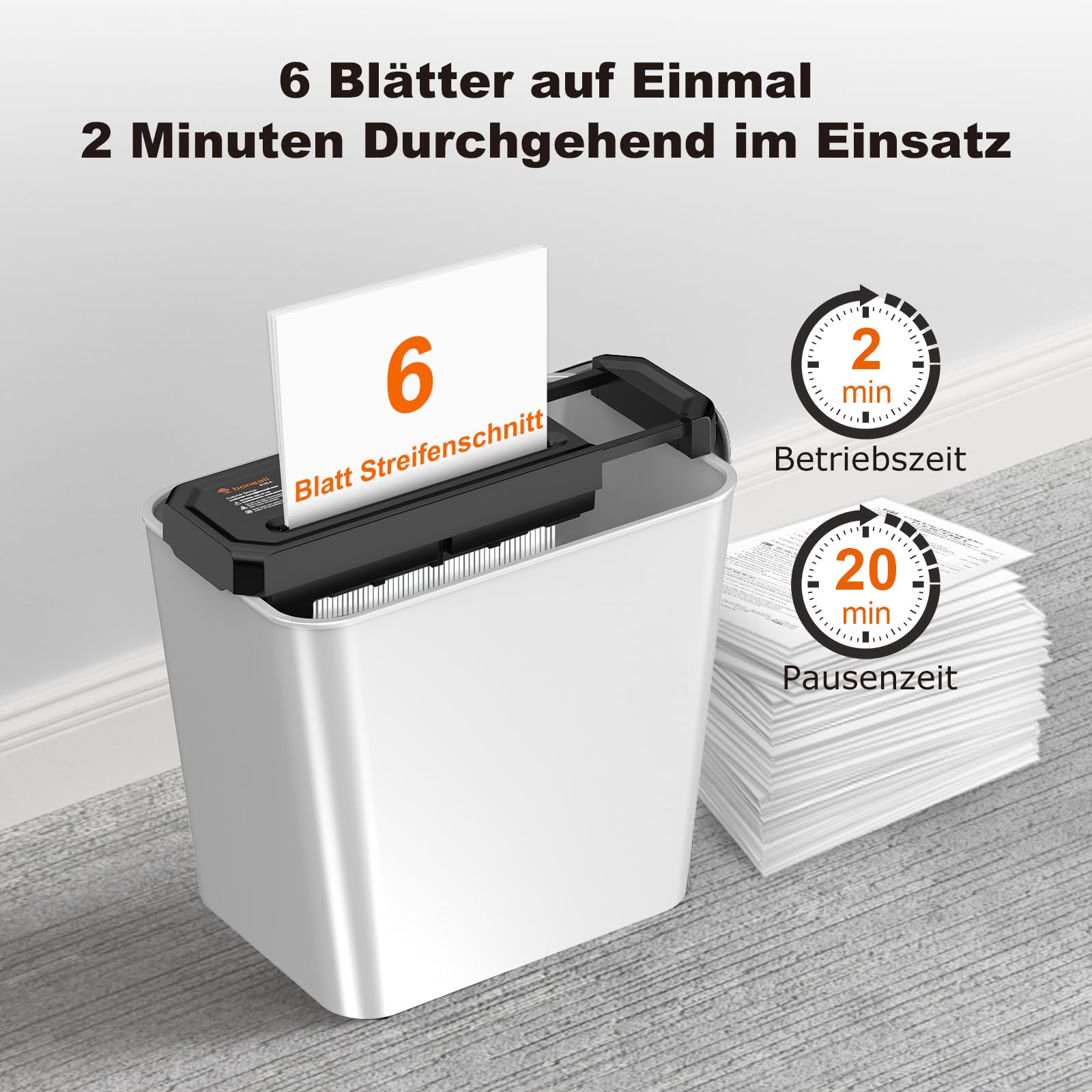 Bonsaii Aktenvernichter, 6-Blatt Streifenschnitt für Homeoffice, inklusive Kreditkartenvernichtung, P-2, Ausziehbarem Griff, geeignet für Abfallbehälter mit 31,5–39,5cm Durchmesser, S125-A