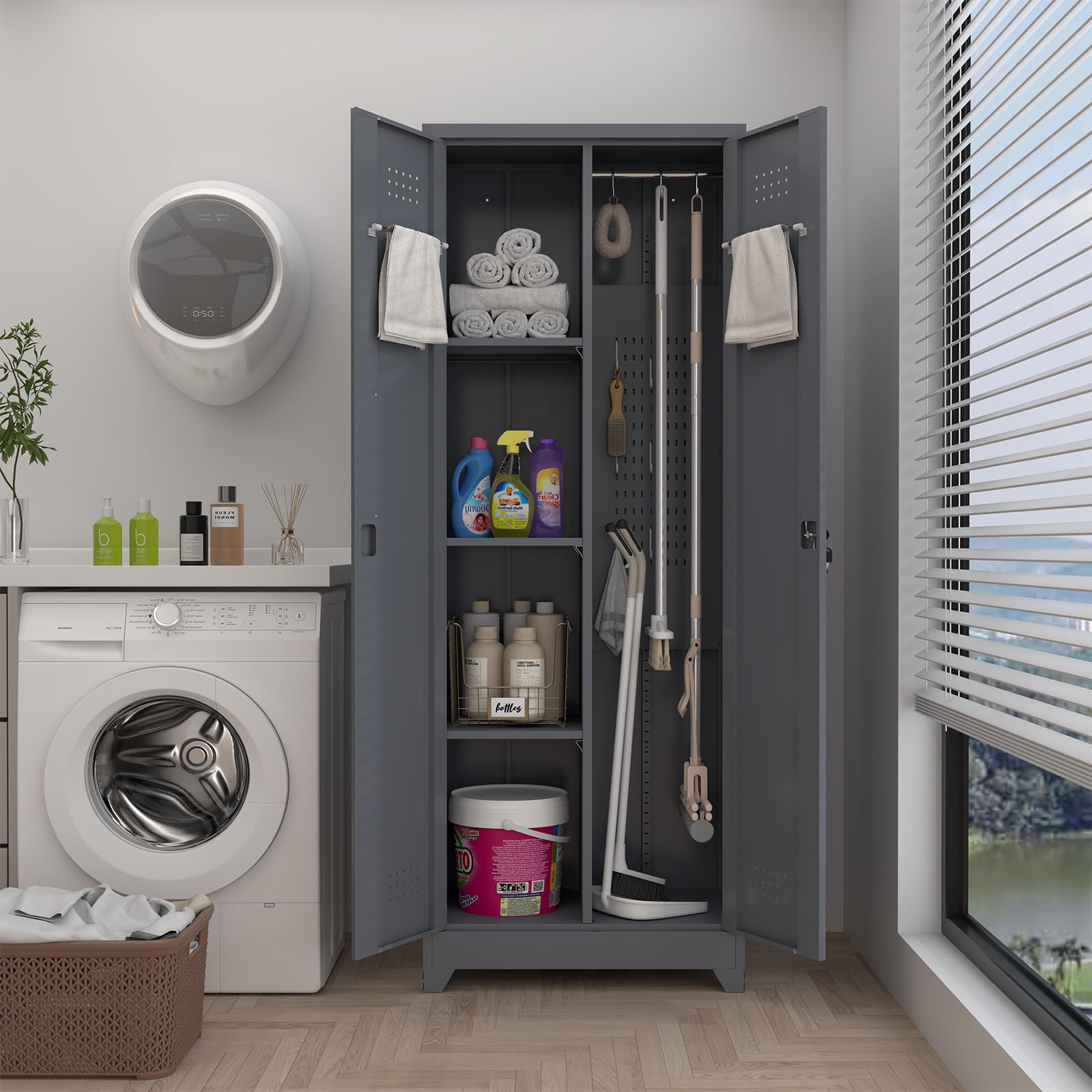 GREATMEET Broom Closet, Broom Closet Cabinet with Pegboard and Hanging Rod, Cleaning Supplies Storage Cabinet for Bathroom, Garage