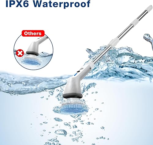 Miniatura 4 de Limpiador eléctrico giratorio, cepillo de limpieza inalámbrico de ducha con 6 cepillos de repuesto, 2 velocidades ajustables y extensibles,