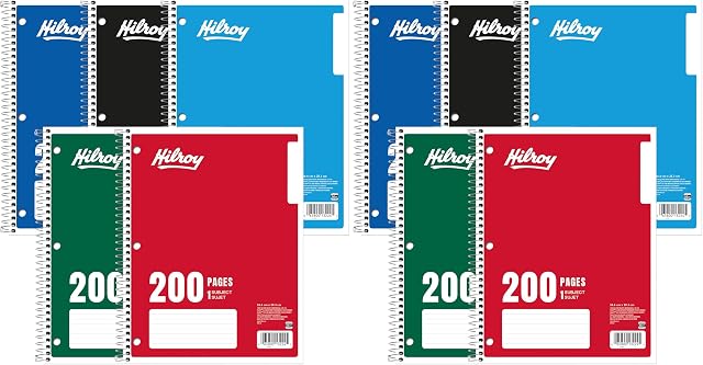 Cahier à Spirale Hilroy 1 Sujet, Taille de Feuille 8" x 10.5", Ligné Large, 3 Trous Poinçonnés, 200 Pages/100 Feuilles, 1 Cahier, Couleur Peut Varier (13224) (Paquet de 2)