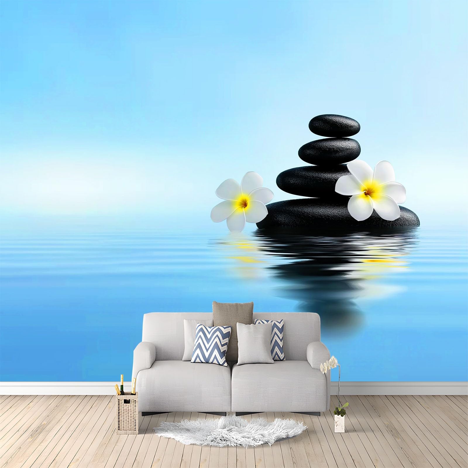 Fototapeta Zen Frangipani - estetyka, kamień, natura, 200 x 140 cm, tapeta z włókniny, tapeta ścienna, odporna na promieniowanie UV, neutralna zapachowo, niebieska