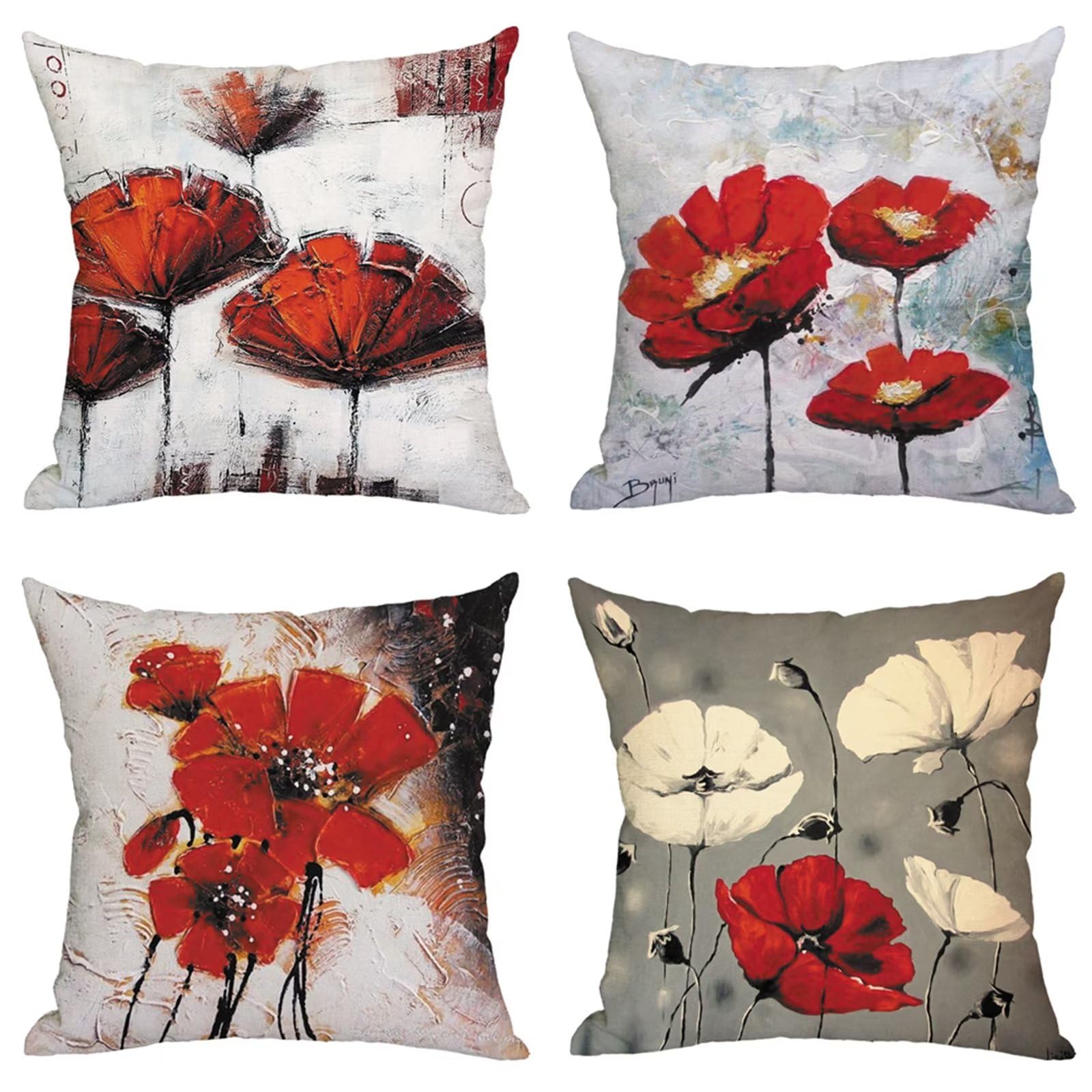 Set di 4 Fodere per Cuscini 75x75cm,cuscini per divano Fiori rossi Giardino Esterno Fodere per Cuscini Decorativi Lino Quadrate per Cuscino,per Casa Soggiorno Camera da Letto Divano YG1126