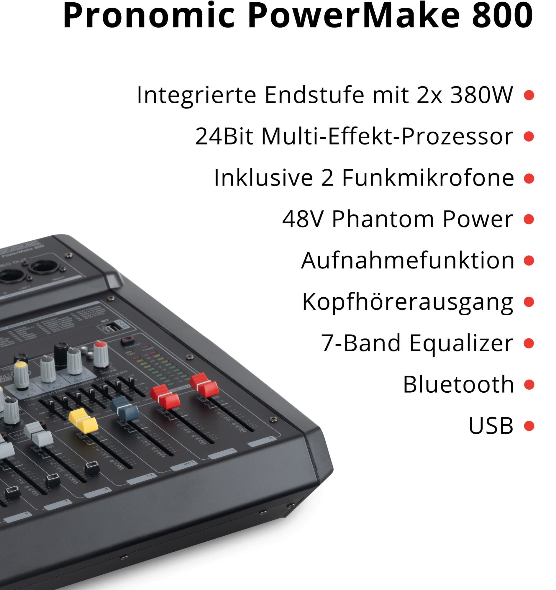 Pronomic Powermake 800 Powermischer - 8-Kanal-Mischpult - 2 UHF-Funkmikrofone - 760 Watt RMS-Leistung - 24Bit Multi-Effekt-Prozessor - Bluetooth®/USB-Player/Recorder - Grafischer Equalizer - Schwarz