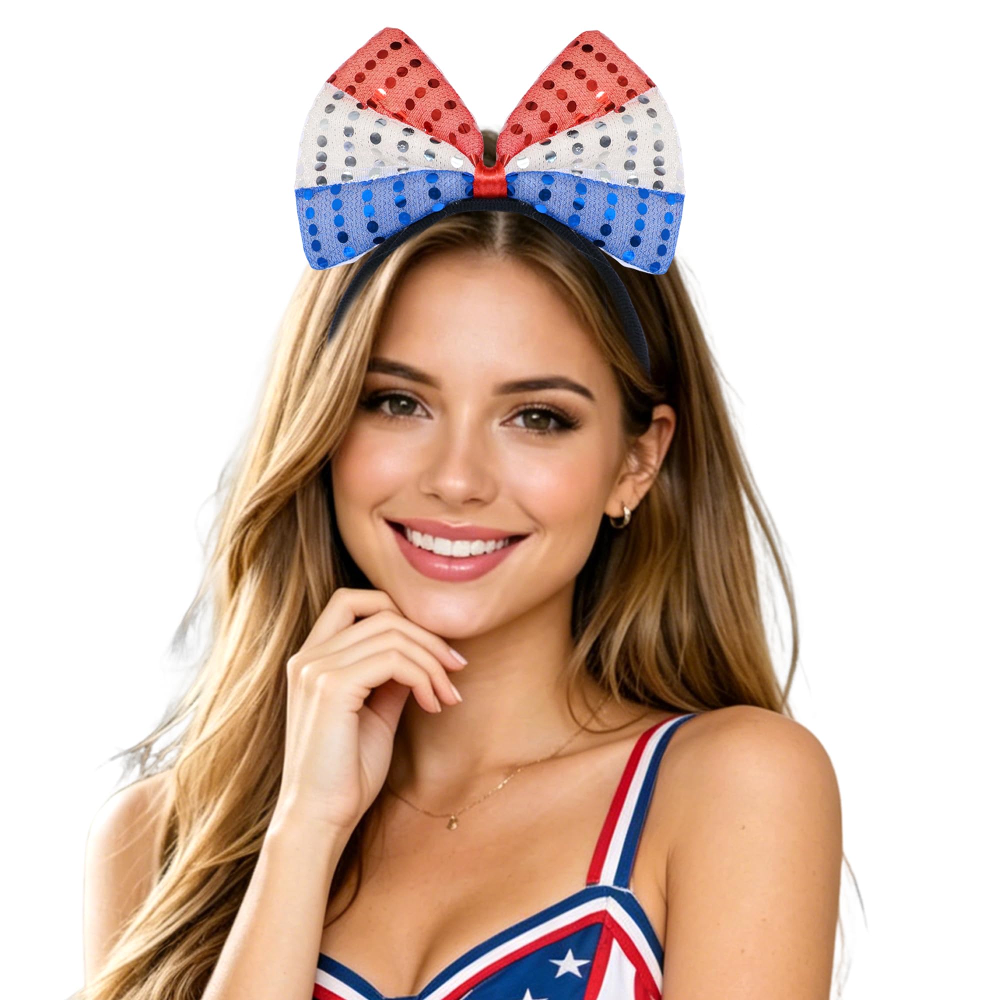 SAWINDA 4th of July Bows Headbands USA Flag Sequins Hair Band Decorations Red White Blue Hair Bow Ribbon Glitter sequin Headband Party Supplies Party Hair Hoop for Women and Girls-image-36