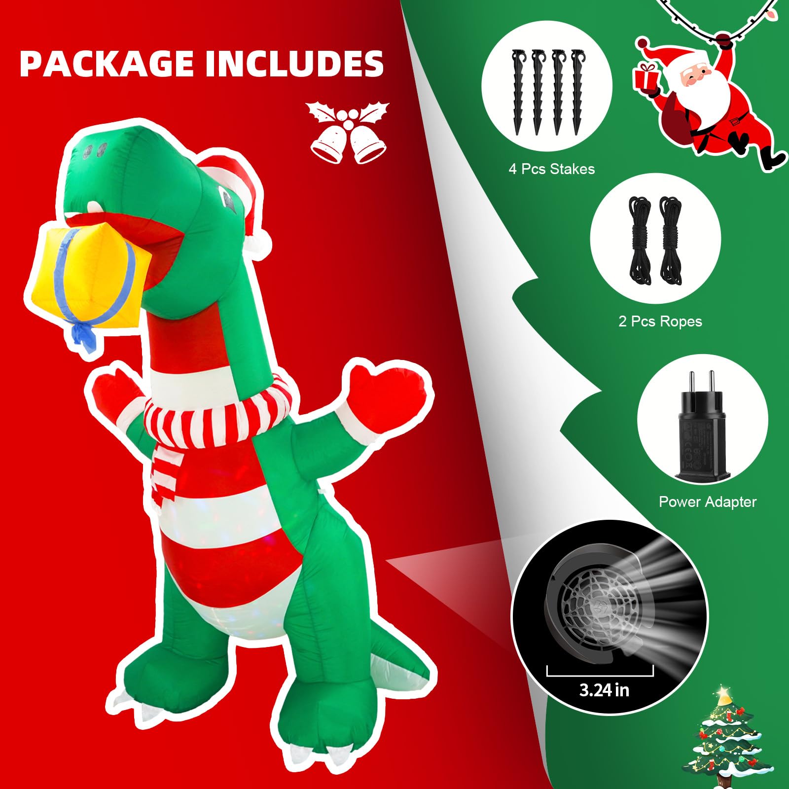 Wothfav Gonfiabili di Natale Dinosauro, Dinosauri Gonfiabili, Decorazioni di Natalecon Luci LED, Luci Rotanti Variopinte, Natale Decorazioni Casa, Feste in Giardino