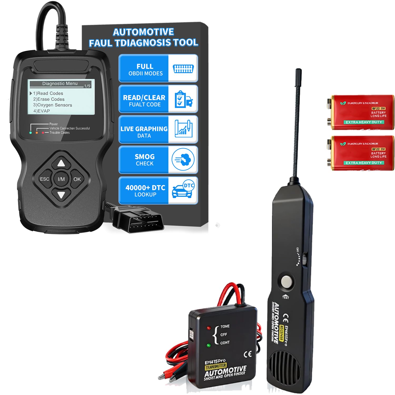Car OBD2 Scanner & Automotive Wire Tracer, FIRSTOOL V390 Diagnostic Code Reader and EM415Pro Circuit Tester, Check Engine Light Reset, I/M Readiness, Short & Open Circuit Finder for Cars, Trucks, Bo