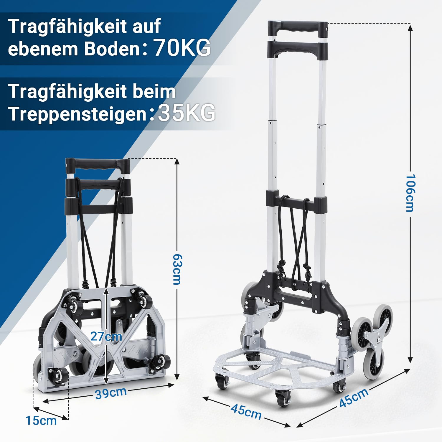 Treppensteiger - Carrello pieghevole fino a 70 kg, in alluminio | Carrello per scale con manico regolabile in altezza, superficie di carico antiscivolo, per lavori domestici e giardino