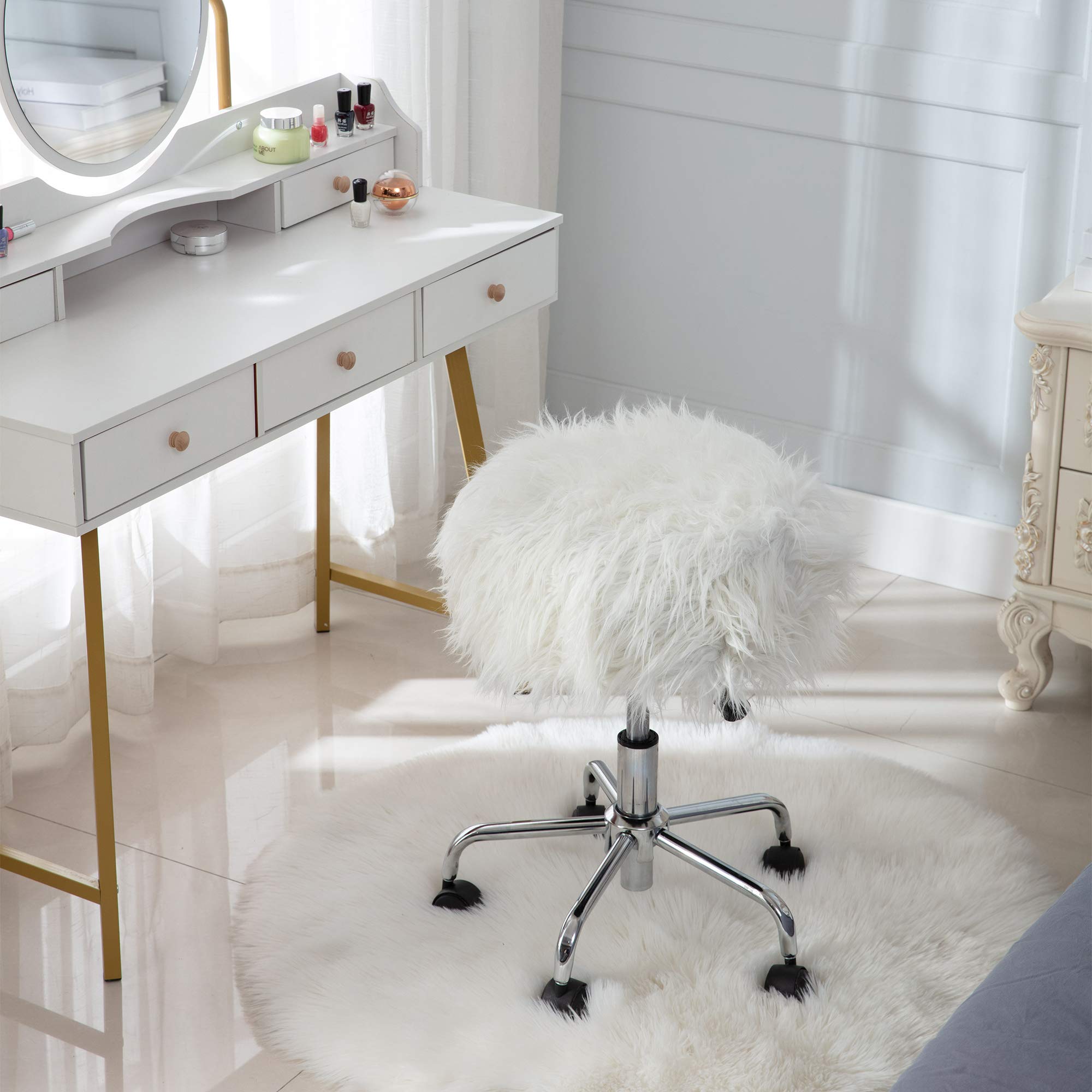 Buy HomVent White Faux Fur Chair with Wheels, Modern Faux Fur Makeup