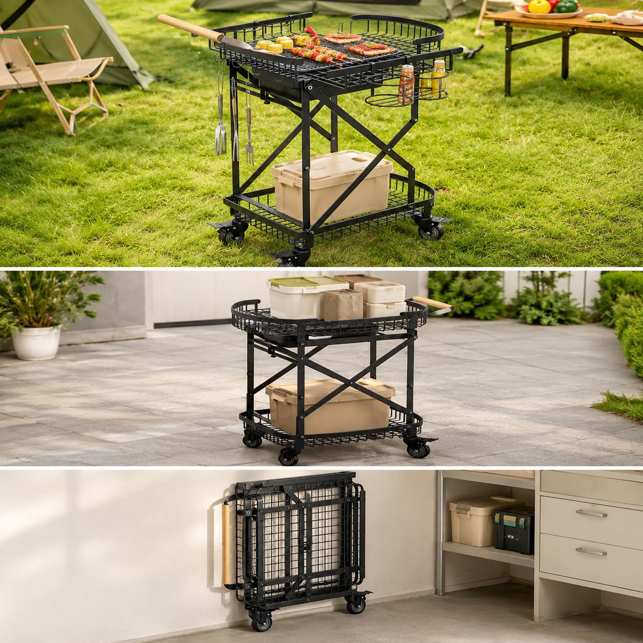 Barbacoa Carbón Portátil, Parrilla Barbacoa Exterior con Ruedas, Carrito Acero y Madera, para Camping y Jardín, Carro de barbacoa con parrilla, ganchos y portabebidas (embalaje suelto)