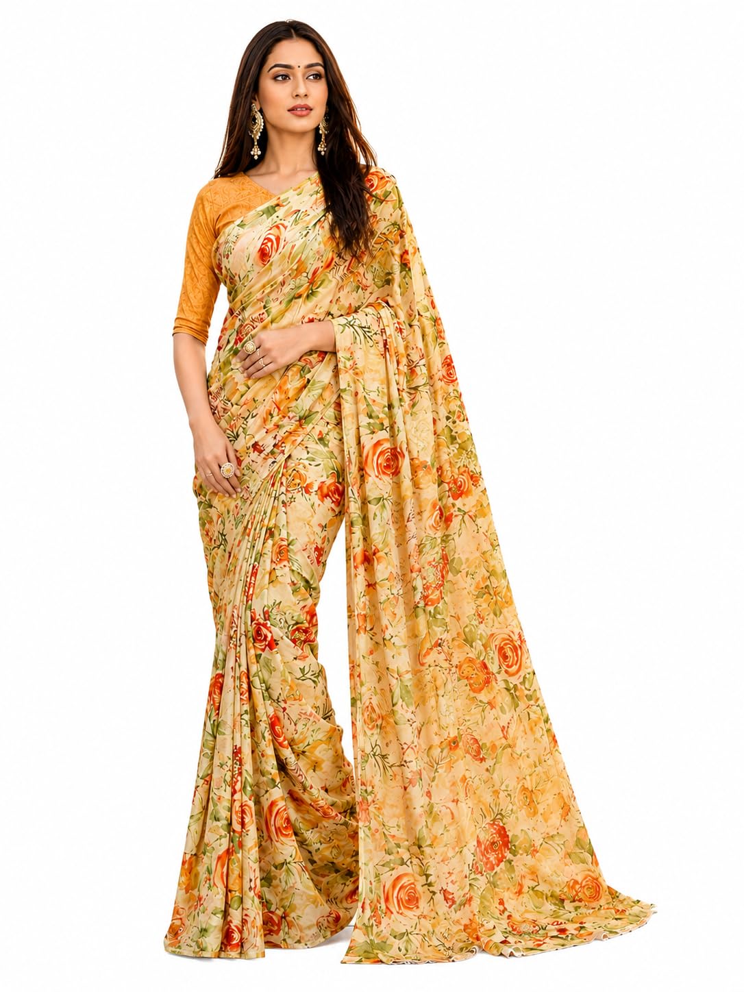 Mermaid Ocean Women's Floral Printed Georgette Saree with Unstitched Blouse Piece | Soft Lightweight Designer Ethnic Saree for Wedding, Party, Festive, Office & Casual Wear | Mustard | MO0269-image-35