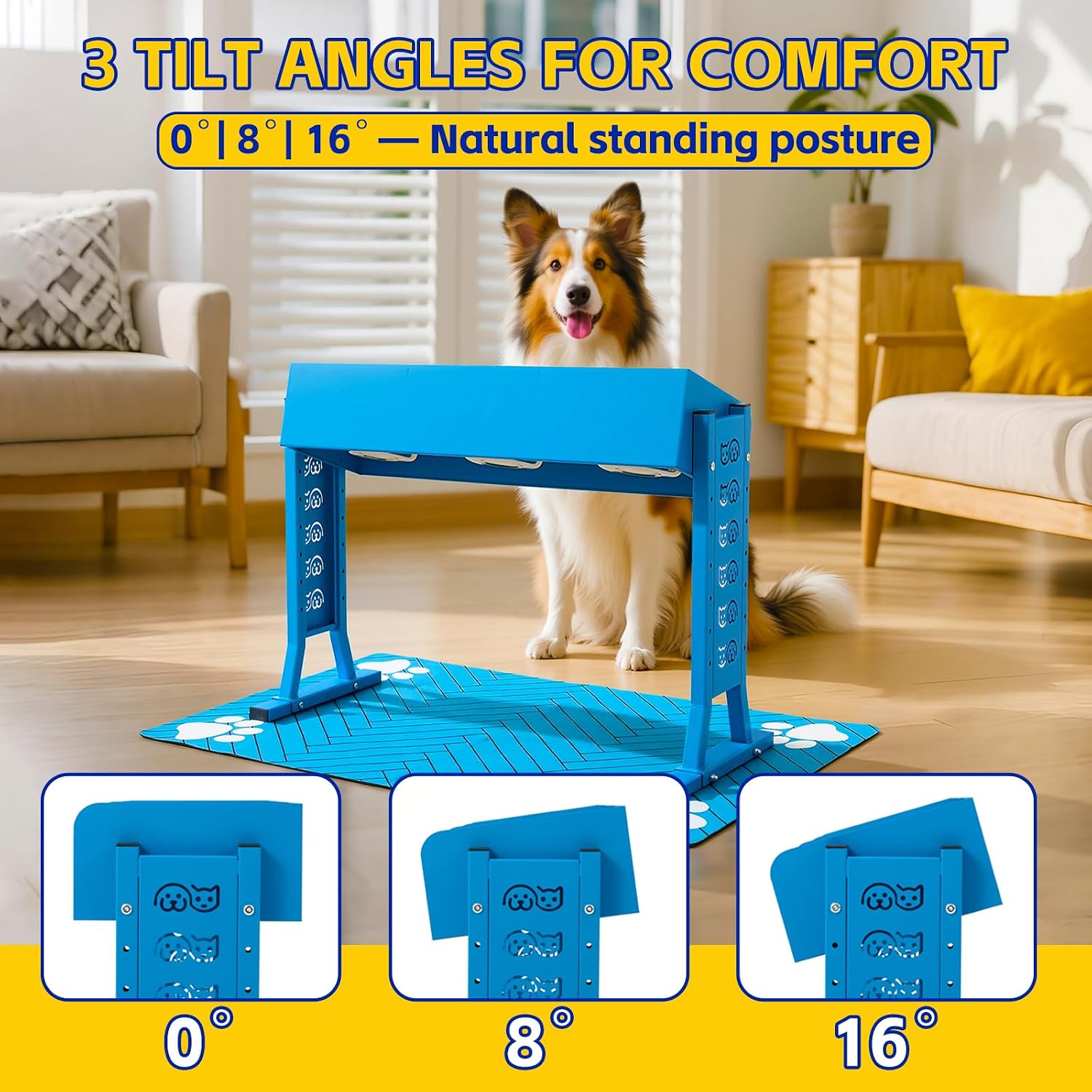 Triple Elevated Dog Bowls Stand for Dogs, Adjustable Raised Dog Bowl Stand with 3 Stainless Steel Bowls, 7 Heights & 3 Tilt Angles, Tall Dog Feeding Station for Large Medium Small Dogs, Mat Included