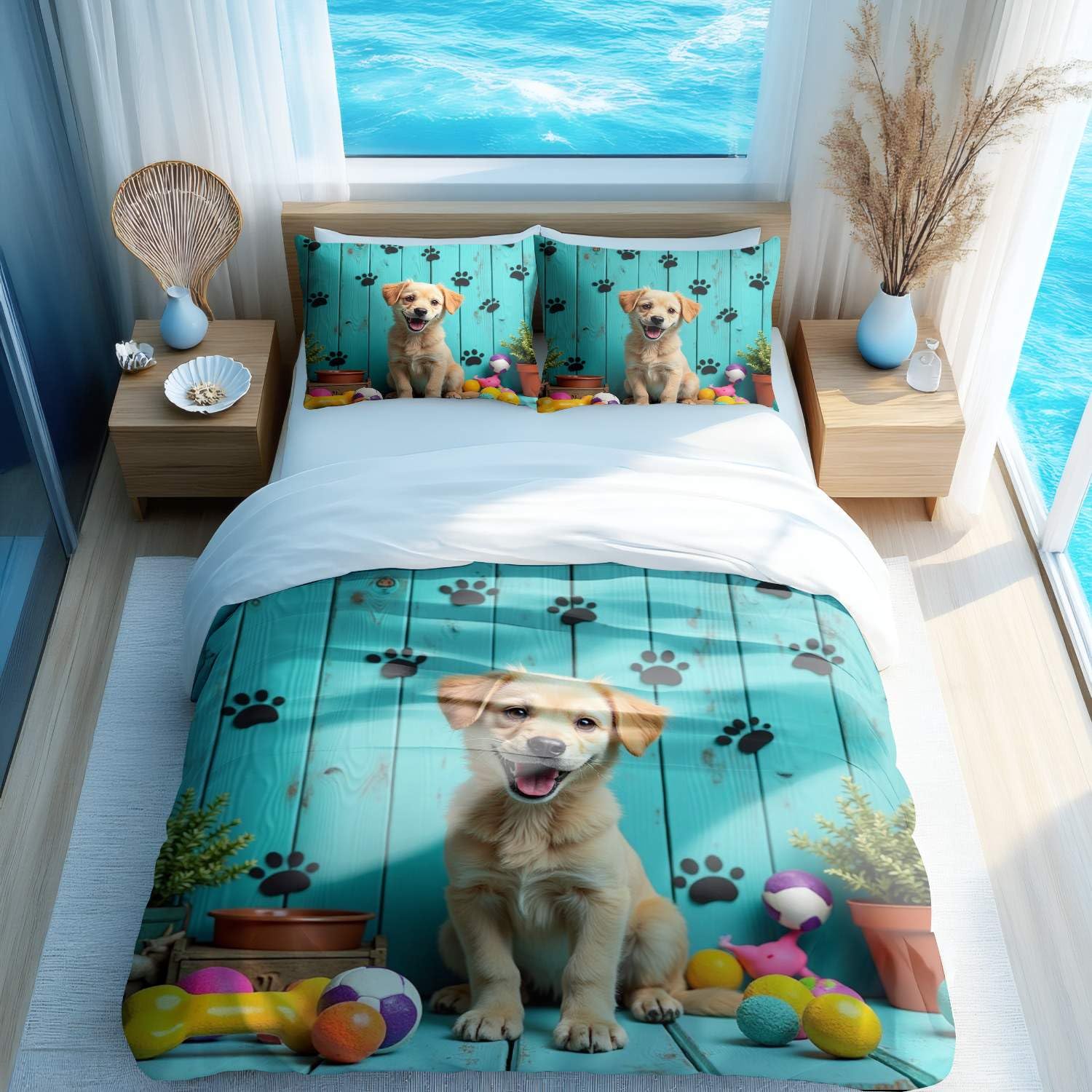 Housse de couette motif pattes de chien style vintage imprimé 03 avec deux taies d'oreiller