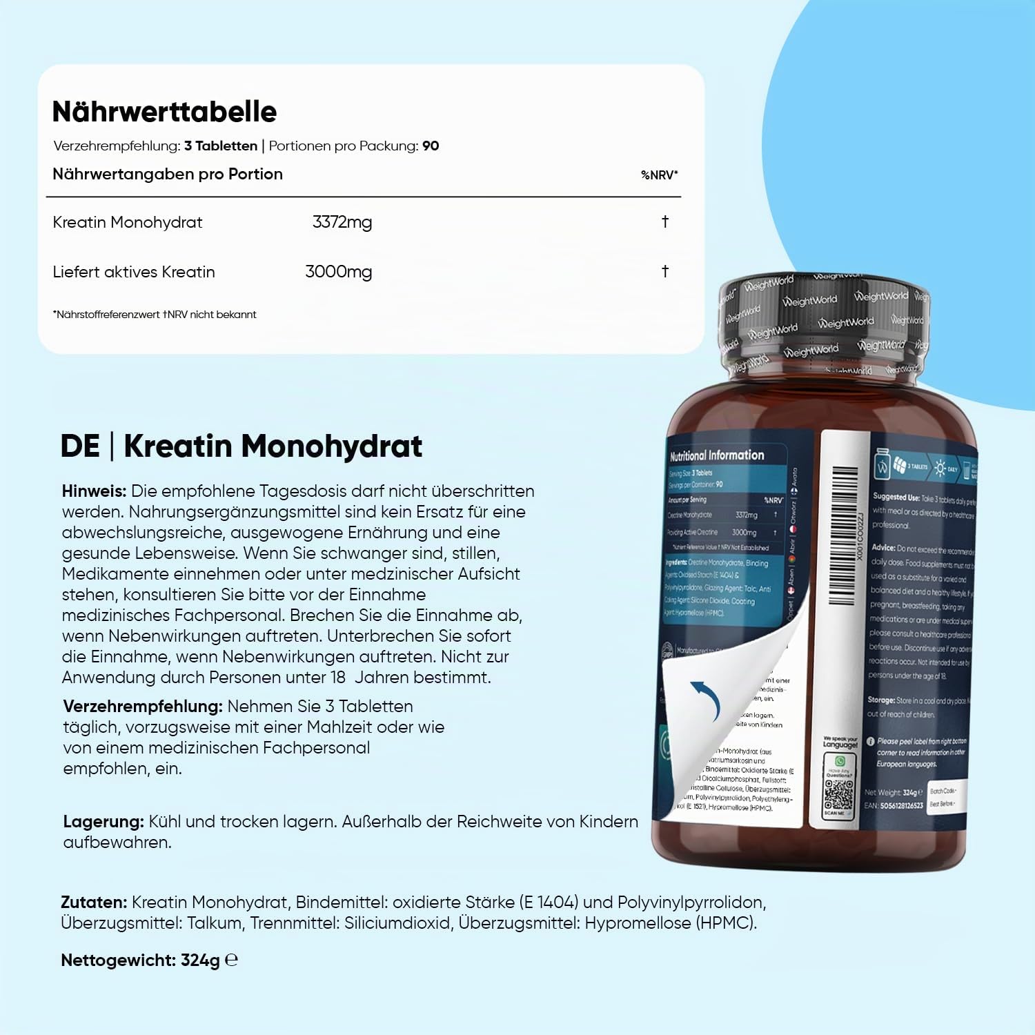 Omega 3 Weichkapseln + Creatin Monohydrat Tabletten + Magnesium Komplex 4 in 1 Kapseln - Gemäß GMP - Frei von Gluten & Gentechnik - WeightWorld