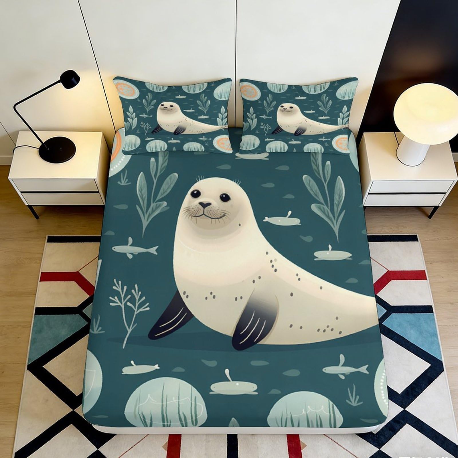 3D Printed Cartoon Seal Fitted Sheet Microfiber Non Slip Blue Bed Sheet for Bedroom Guestroom Decor 90x200x25cm