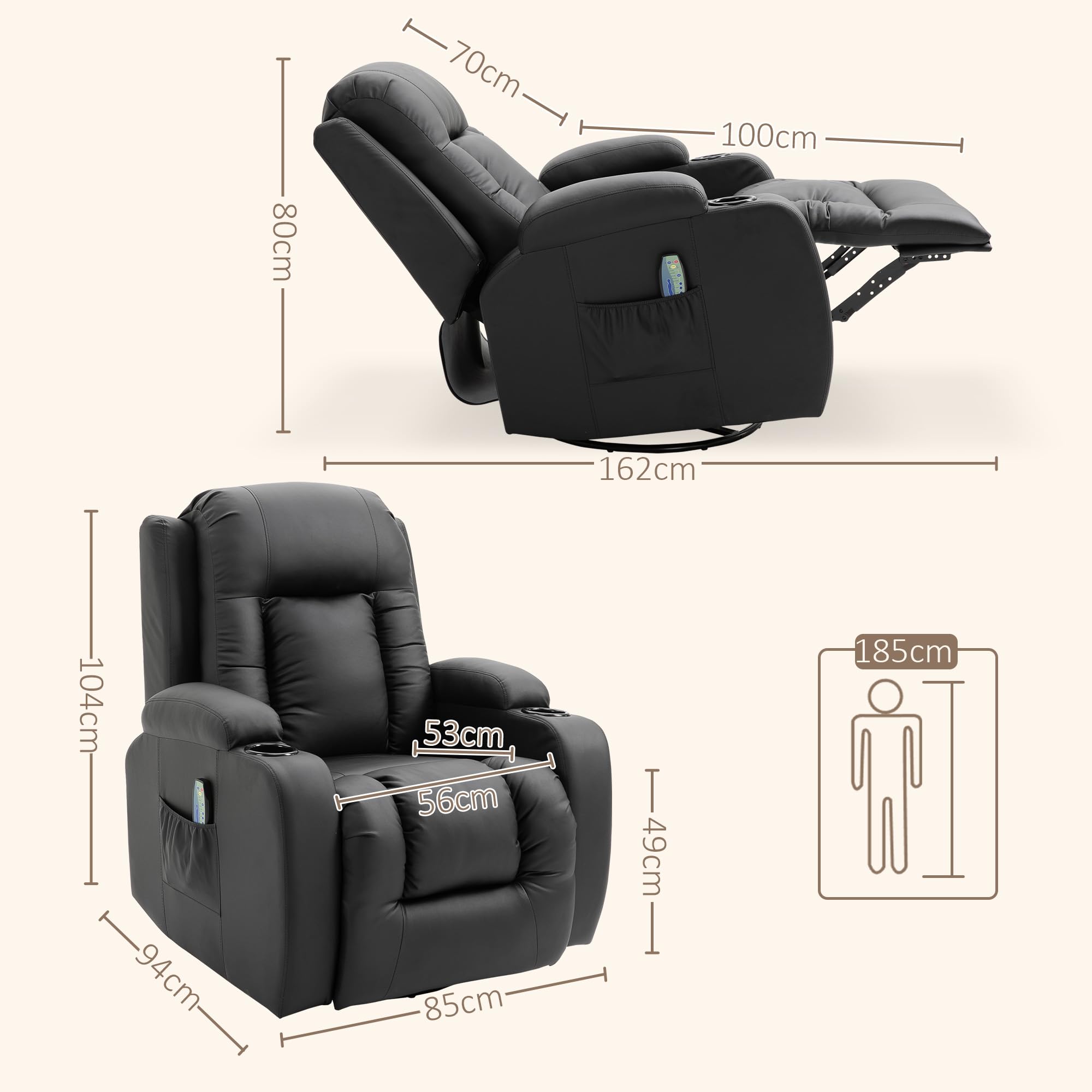 HOMCOM Poltrona Massaggiante Reclinabile Manuale 145° Riscaldante, 8 Punti di Massaggio, Poltrona Relax Girevole con Dondolo, Poggiapiedi, Telecomando, Portabicchieri, Tasche Laterali, Pelle PU, Nero