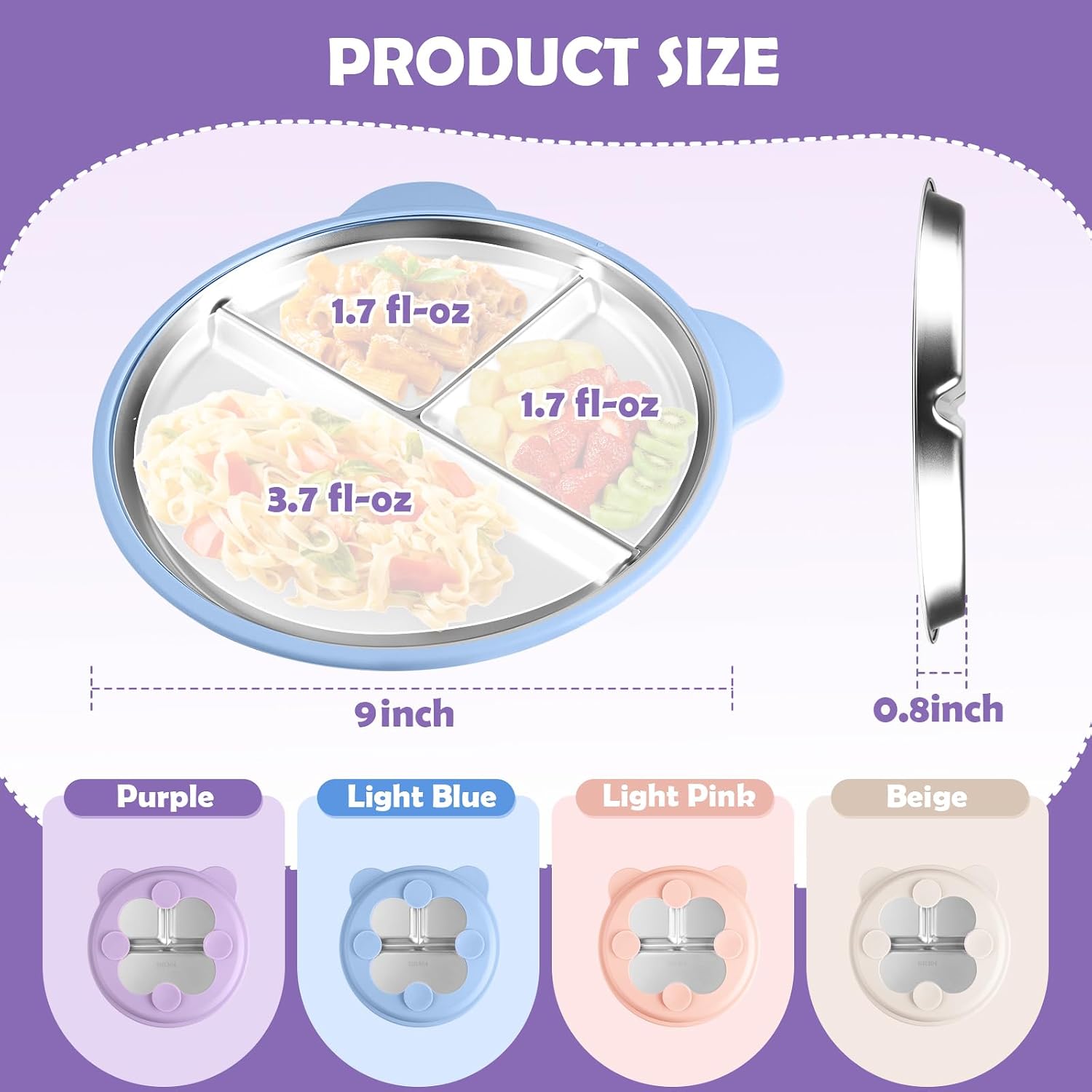 4 Pack Stainless Steel Baby Toddler Plates with Suction - 9" Kids Divided Plates Removable Silicone Sleeves for Baby Led Weaning, Non-Slip Dishwasher Safe, Heat-Resistant, Bear Ear Design