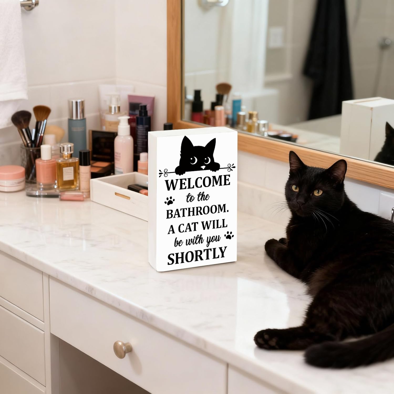 Vintage Black Cat Bathroom Signs Decor Funny Wooden Cat Art Desk Decor Retro Bathroom Art Welcome To The Bathroom Sign For Restroom - Image 4