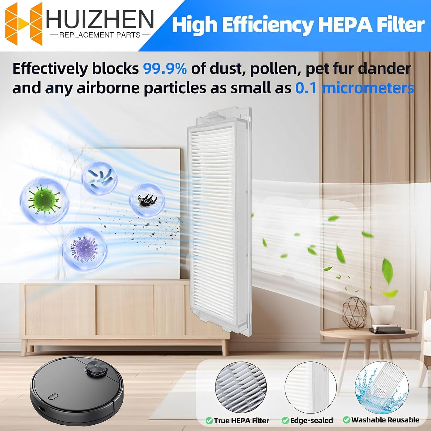 HUIZHEN HEPA filter designed to capture 99.9% of airborne particles, including pollen, bacteria, hair, dust, debris, and pet dander.