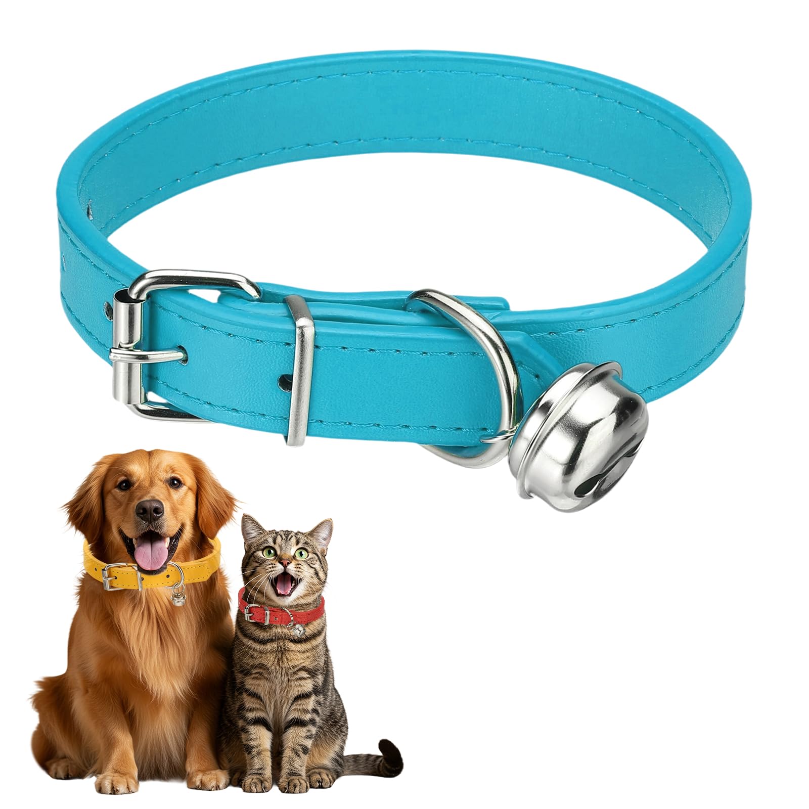 sourcing map Dog Collar with Bell, Pu Leather Cat Collars Pet Basic Soft Padded Adjustable Buckle, 16" (Bright Blue, 1 Pcs), Intended for Teacup/Little Dog/Kitten Cats/Small Animals — image 1