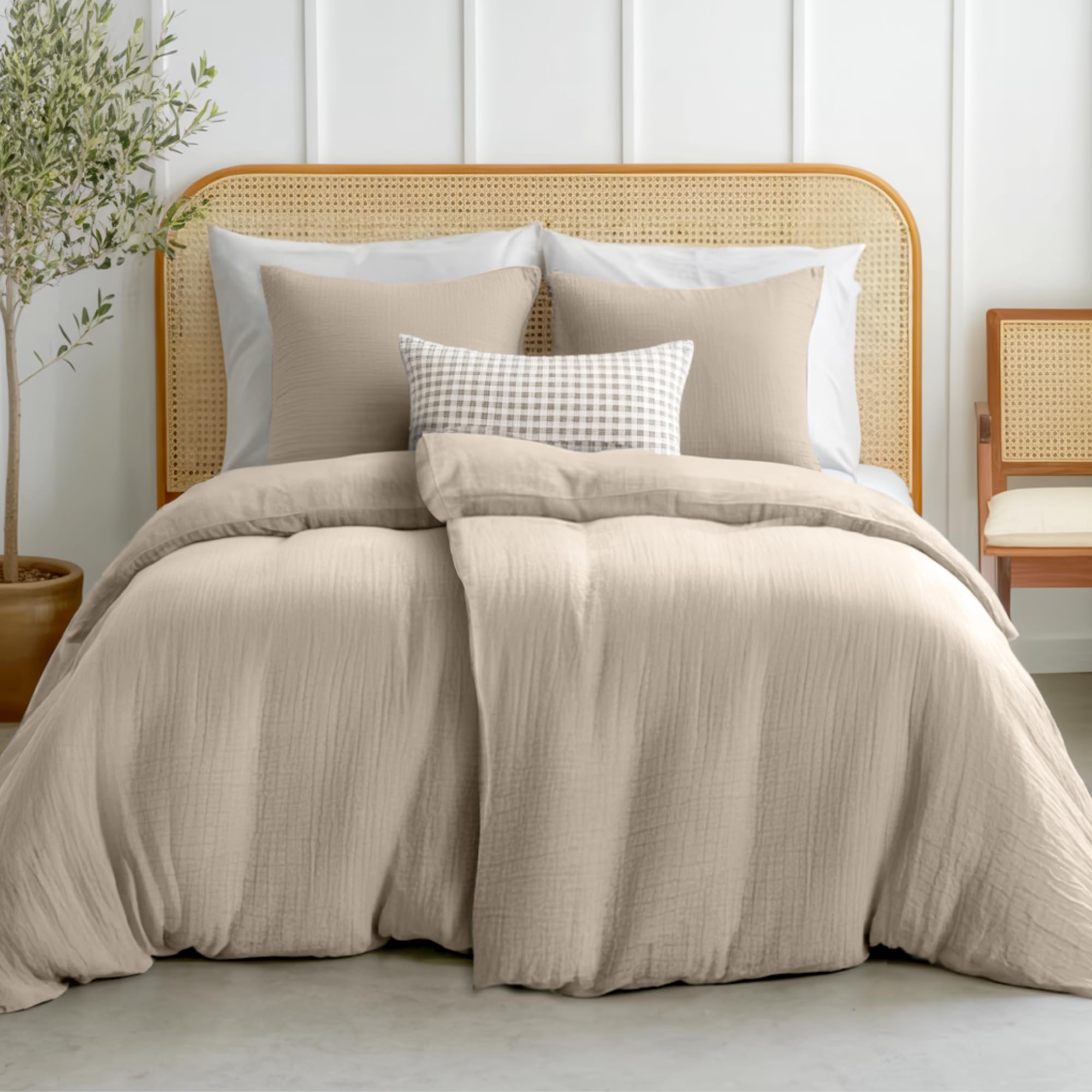 Dreamzie Musselin Bettwäsche 135x200 cm aus 100% Baumwolle – Bettwäsche Set mit 2 Bettbezüge und 2 Kissenbezüge 80x80 cm – Oeko-Tex Bettwäsche mit Reißverschluss – Taupe