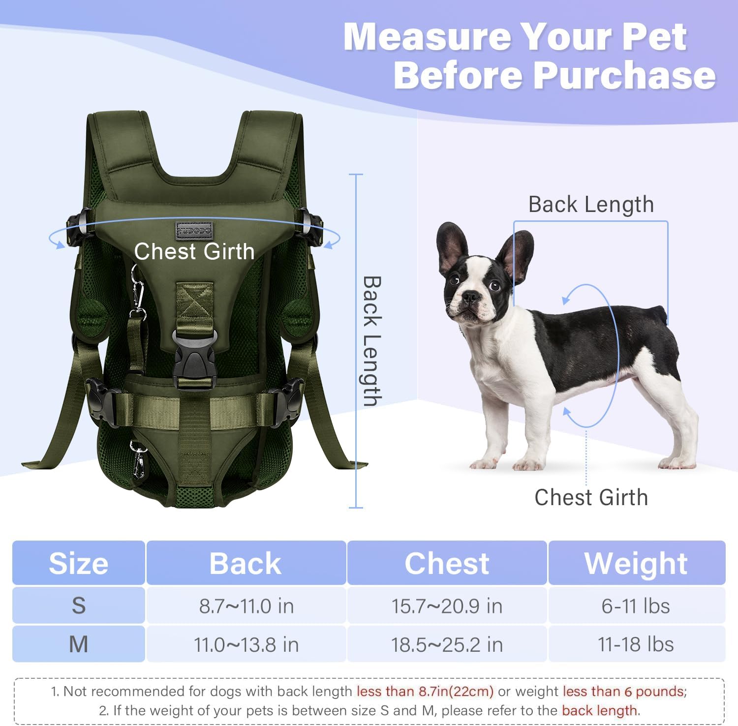 yudodo front pet carrier backpack for small dogs and cats, secure and breathable mesh, ergonomic support, adjustable for walking, hiking, or travel (army green m) medium (11-18lbs) army green
