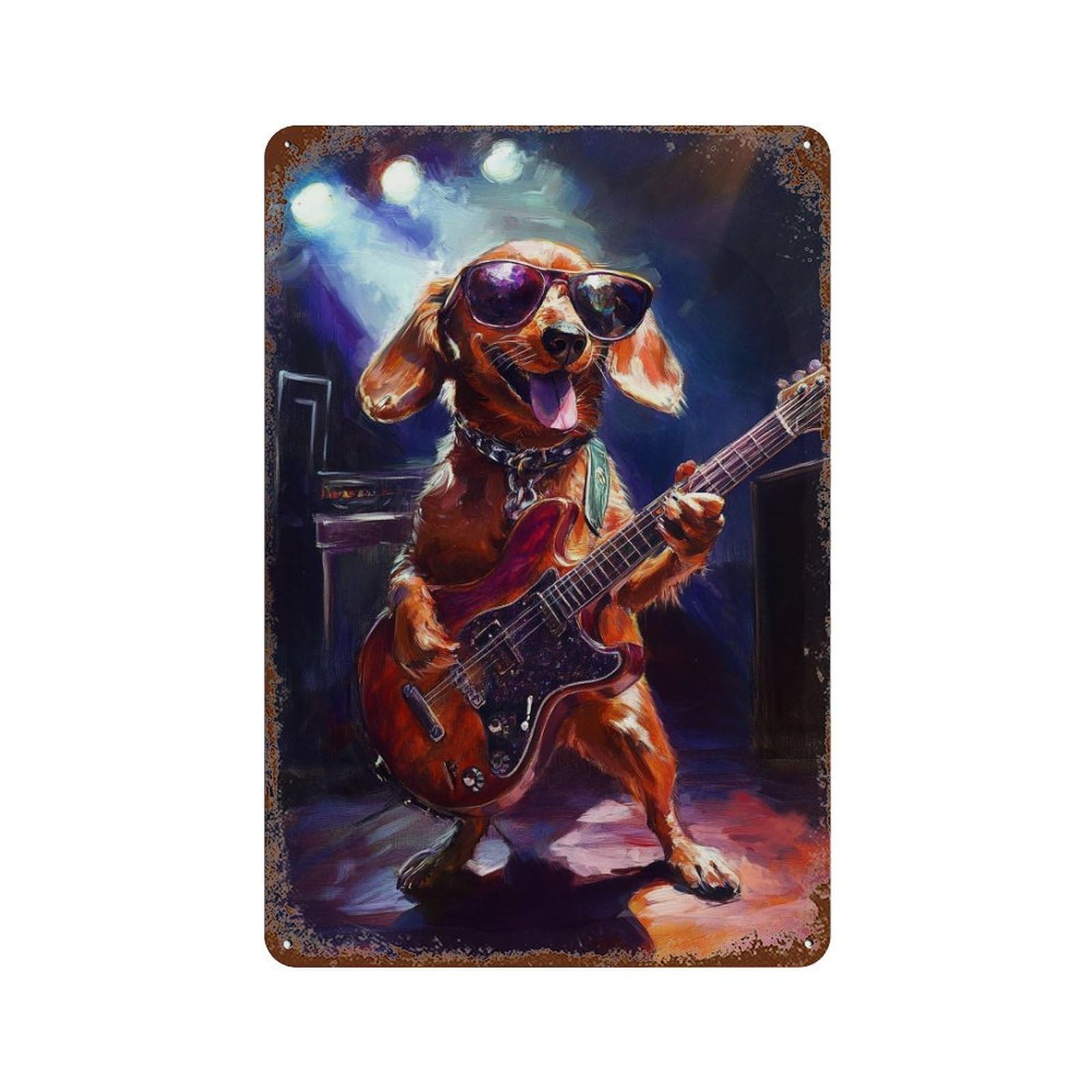 Rock Star Dachshund Guitarist Decorative Tin Sign 11.8"x7.9", for Bistro, Counter And Cafe Decor, Novelty Wall Decor