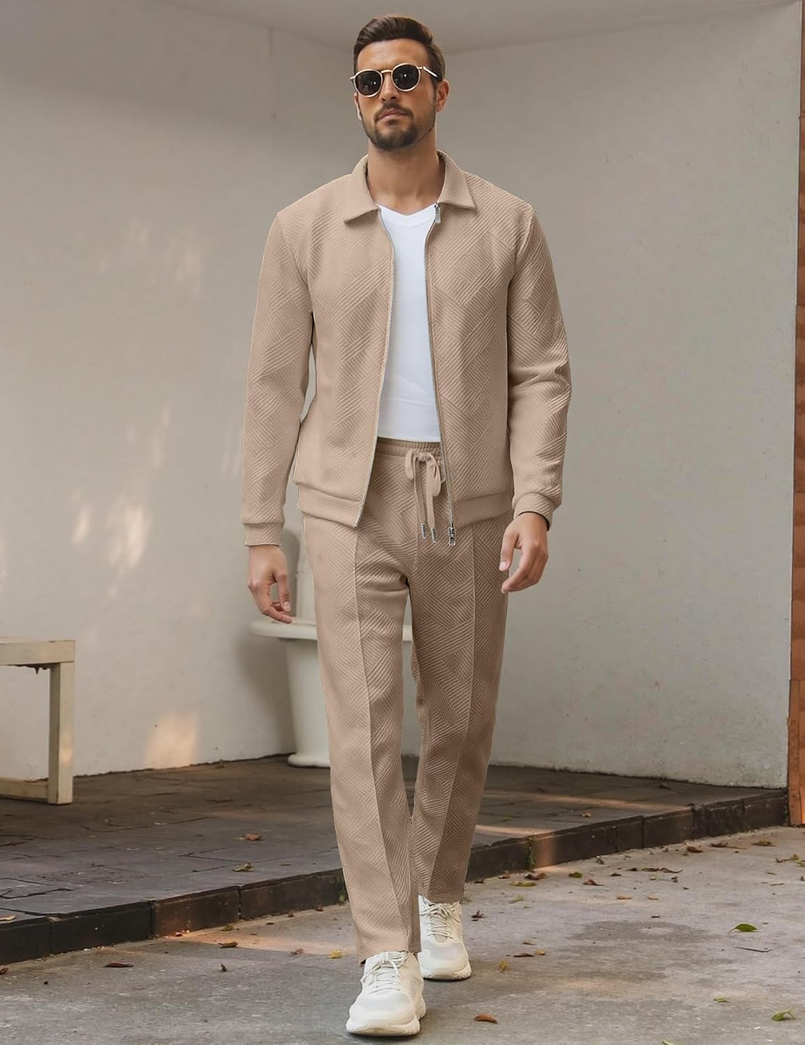 UOUA Mens 2 Piece Tracksuits Set Casual Jacquard Sweatsuits Outfits Full-Zip Jakcet & Loose Jogging Pants - Image 3