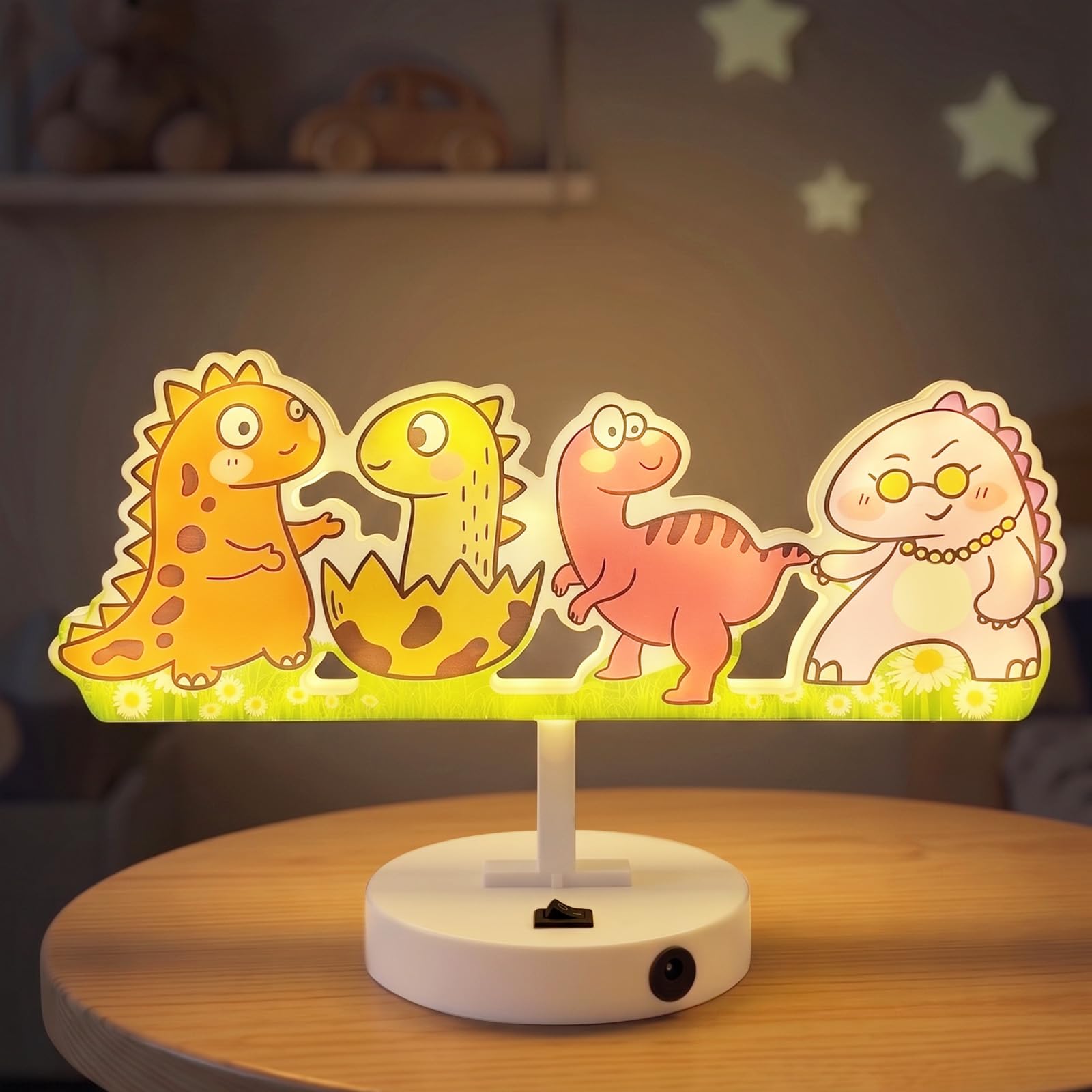 Meision Dinosaurier Muster Nachttischlampe Warmweiß, Batteriebetrieben und USB-Aufladung Nachtlicht mit Always-on-Modus, Doppelseitiges Muster, Nachtlicht Kinder für Babyzimmer, Room, Camping