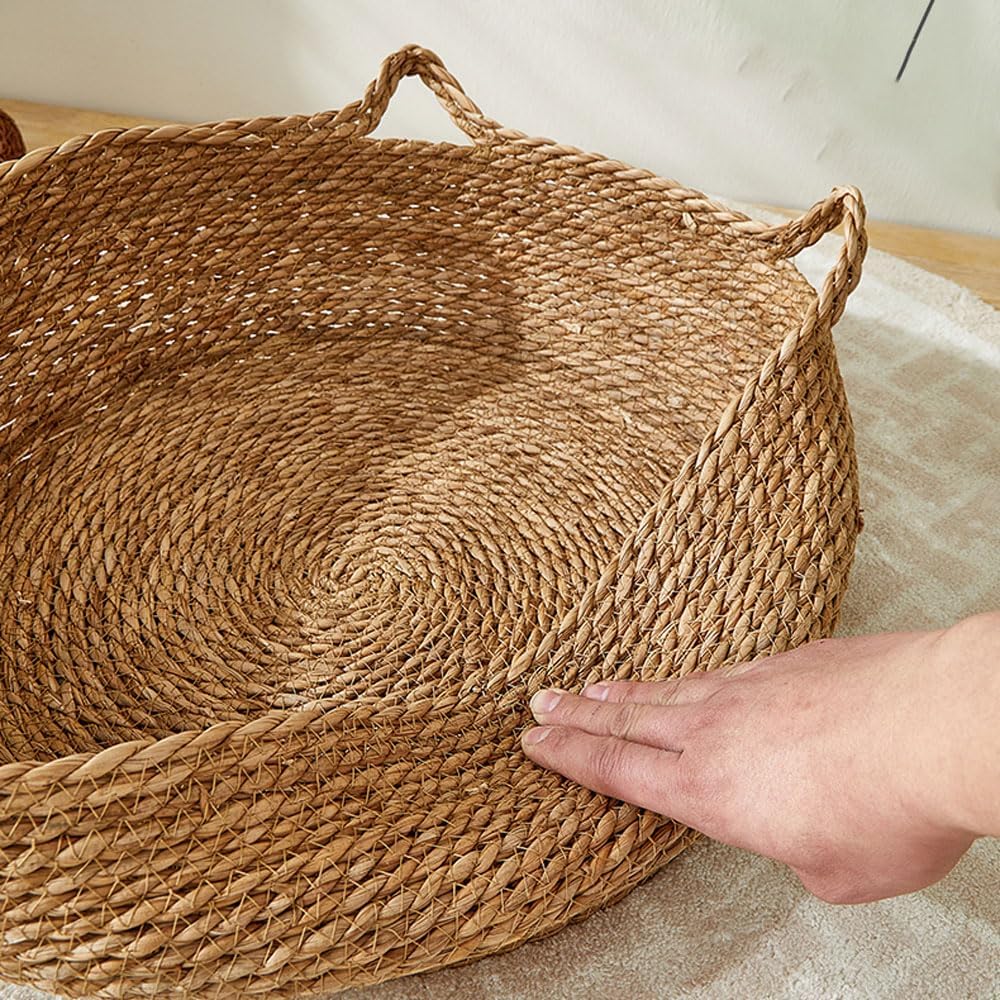 review Cat Basket Bed, 15inch Straw Woven Cat Beds with Cushion Pad, Handmade Cozy Round Cat Bed, Scratch-proof Kitten Bed for Cats Small Dog