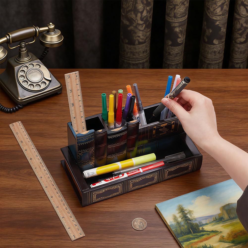 OLYCRAFT Portalápices decorativo con cajón de almacenamiento, diseño de libros antiguos de biblioteca, soporte de madera para lápices, organizador decorativo de escritorio para decoración de oficina y