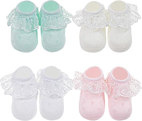 Miniatura 3 de DRESHOW Calcetines de bebé para niñas con ojales y volantes de encaje, calcetines de vestir para recién nacidosbebésniños pequeñosniños para niña