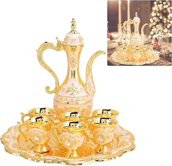 Vintage Turkish Coffee Pot Set Model,8.46x5.11in Tea Flask Medium Tea Sets for Women With Teapot Tray and 6 Cups Craft Decorations Flagon Set Turkish Cup Set Turkish Teapot,Small