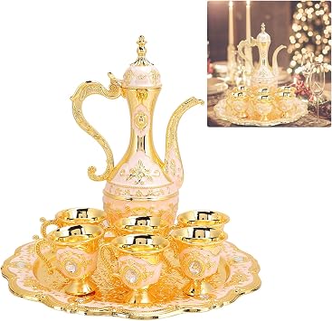 Vintage Turkish Coffee Pot Set Model,8.46x5.11in Tea Flask Medium Tea Sets for Women With Teapot Tray and 6 Cups Craft Decorations Flagon Set Turkish Cup Set Turkish Teapot,Small