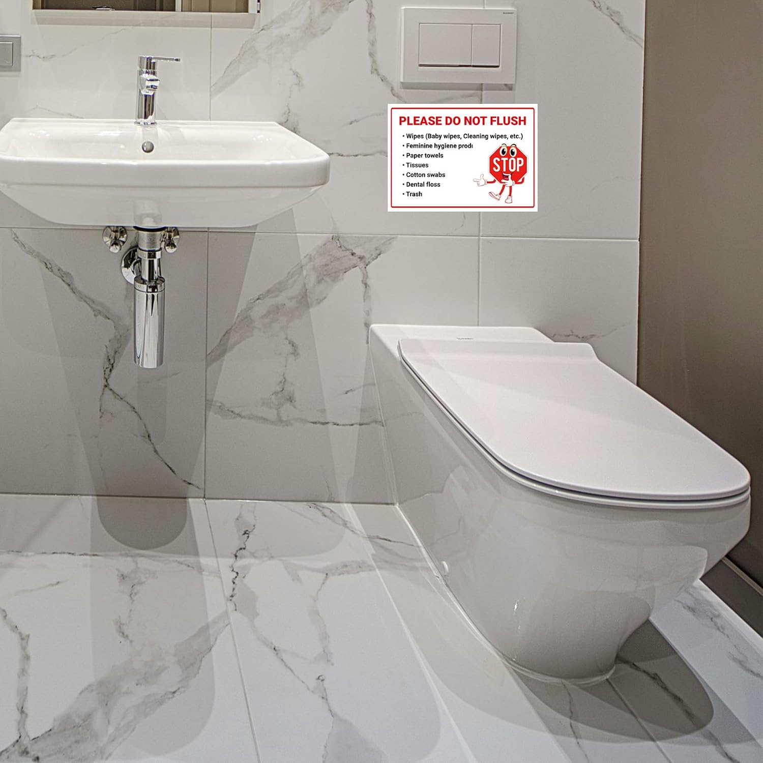 8 pack “Please Do Not Flush - Wipes, Feminine Hygiene Products, Paper Towels, Tissues, Trash” Bathroom Etiquette Sign with Funny STOP Symbol, Self Adhesive Weatherproof UV Protected Vinyl Decal image 4