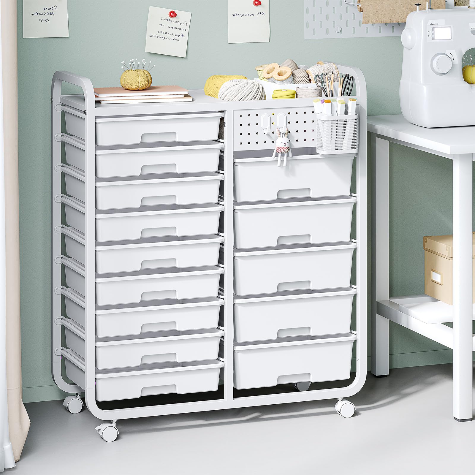 Chariot de rangement à 14 tiroirs avec plateau perforé - Chariot à roulettes pour salle de bain - Chariot à tiroirs avec roues et poignées pour atelier, bureau, cuisine - Blanc