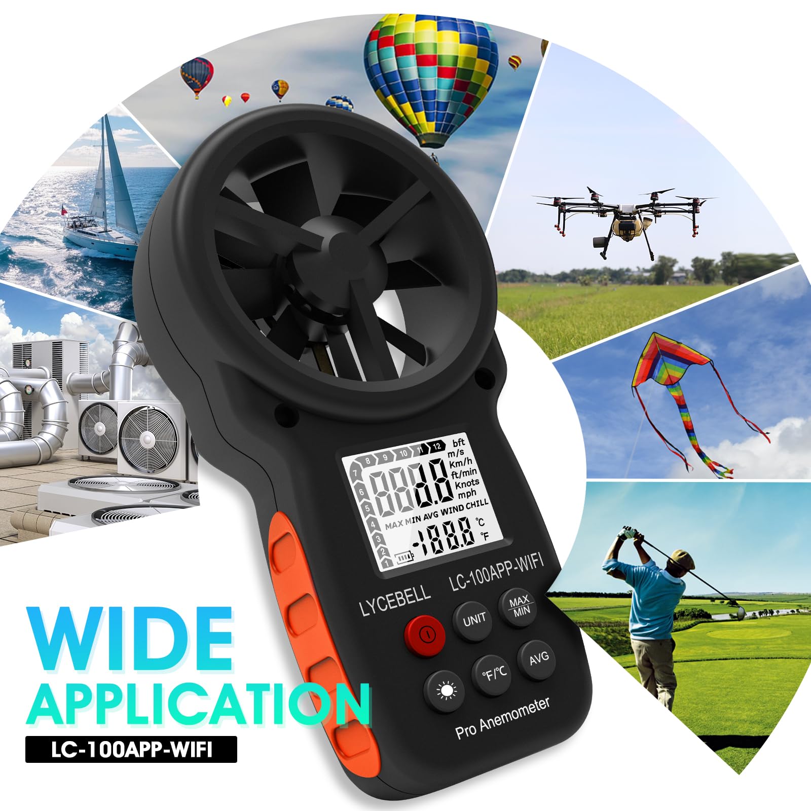 ‌LYCEBELL Anemometro Professionale con Controllo WiFi & Registrazione Dati – Misuratore Sans Filo di Velocità del Vento e Temperatura per HVAC, Droni, Vela, Surf, con MAX/MIN/MED, Compatible Zigbee‌