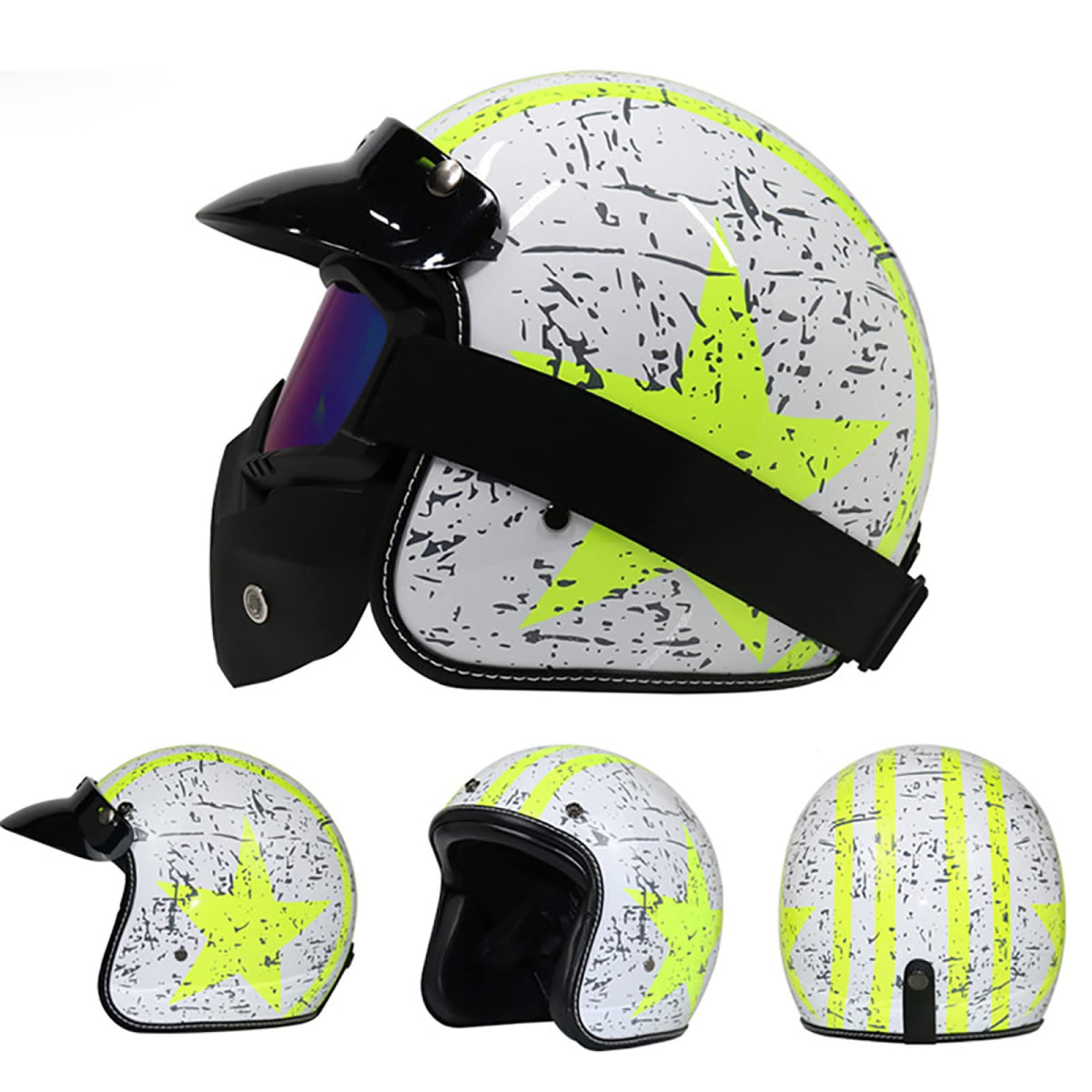 EBAYIN Casque de Moto Rétro Harley Demi-Casque Casque à Jet 3/4 Casque Certifié Dot ECE Cruiser Chopper Scooter Casquette Collision Sécurité avec Lunettes Masque Facial,E-XL=（61~62cm）