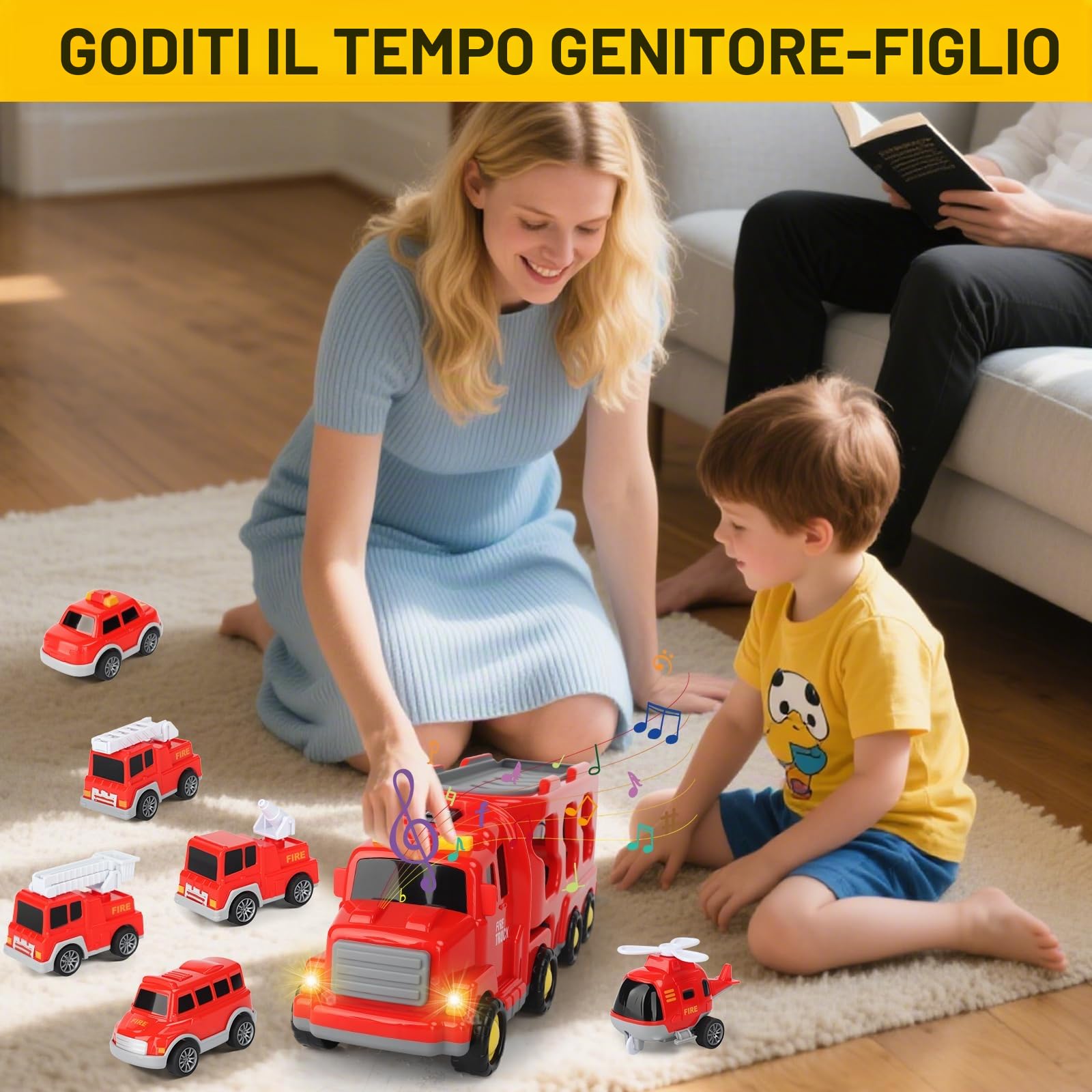 Camion Macchinine Bambini,7-in-1 Camion Pompieri Giocattolo,Camion da Trasporto avec Luci e Suoni,Auto Giocattolo ad Inerzia,2 Adesivi a Tema Auto,Regalo per Bambino 2-6 Anni