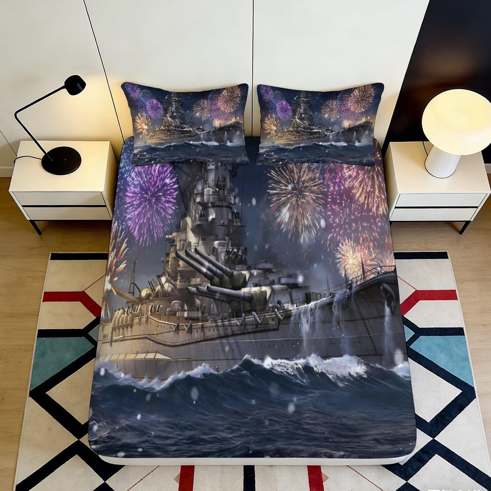3D Printed Battleship Fireworks Fitted Sheet Microfiber Soft Anti-Slip Bed Cover for Bedroom Dorm Mattress Protector 180x200x25cm