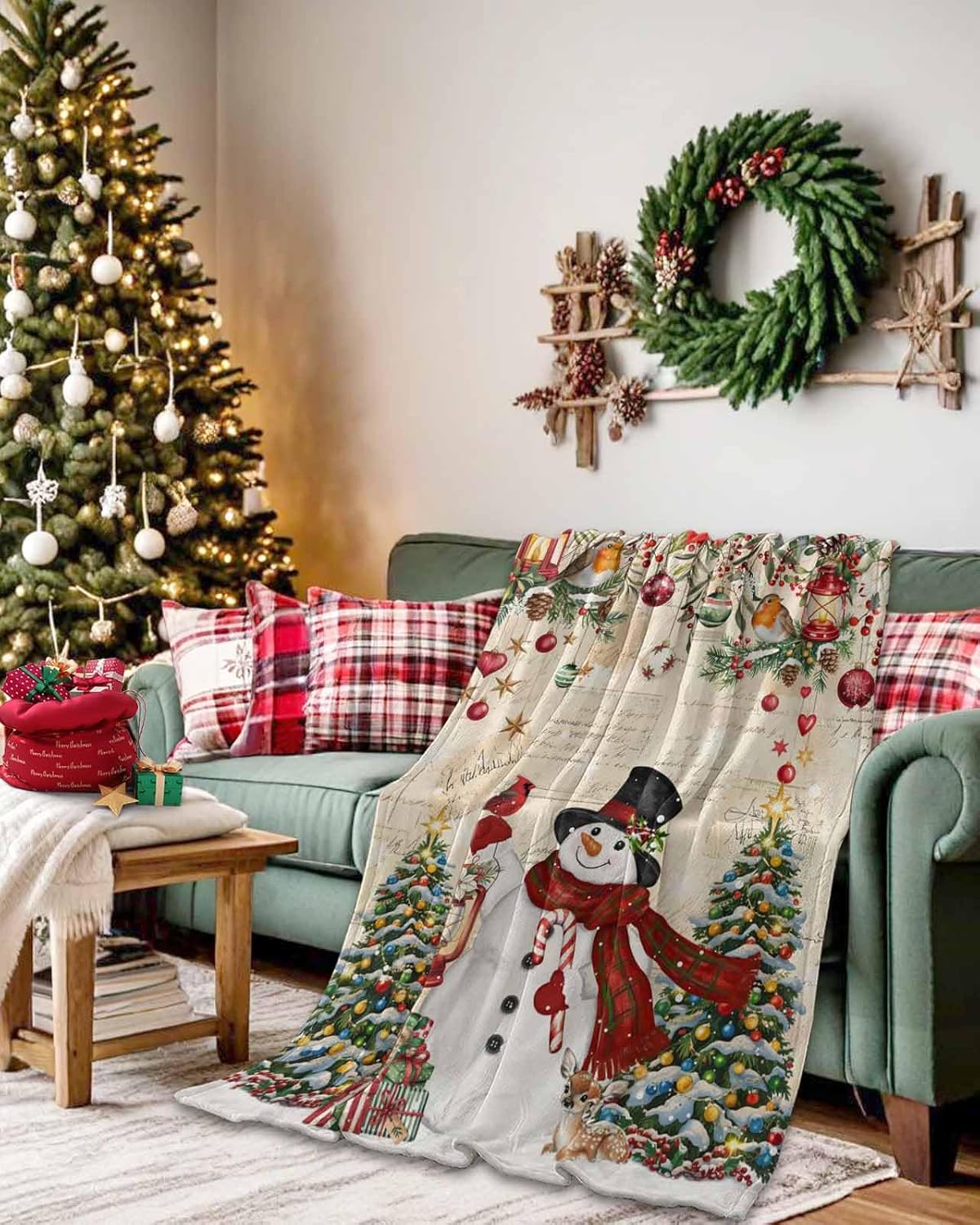 Christmas Flannel Fleece Blanket Snowman Christmas Tree Super Soft Warm Cozy Throw Blanket Retro Holly Berries Balls Bed Couch Car Blankets for All Season 40" x 50"