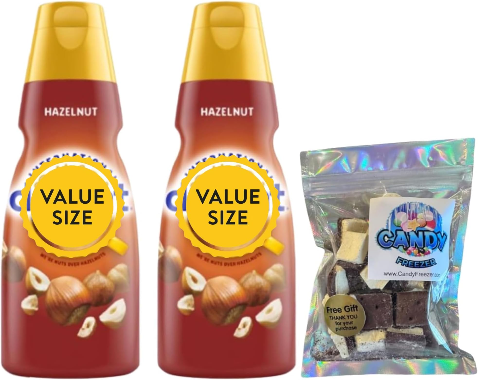 Hazelnut Liquid Coffee Creamer.- Two (2) 32 fl oz Bottles of Creamy Smooth Delightful Coffee Creamer and 1 oz Freeze Dried Ice Cream Bites (Hazelnut)