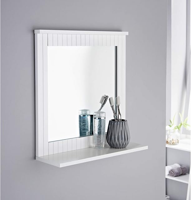 AJ Maine White Bathroom Wood Frame Mirror Wall New England Mounted with Cosmetics Shelf Elegant