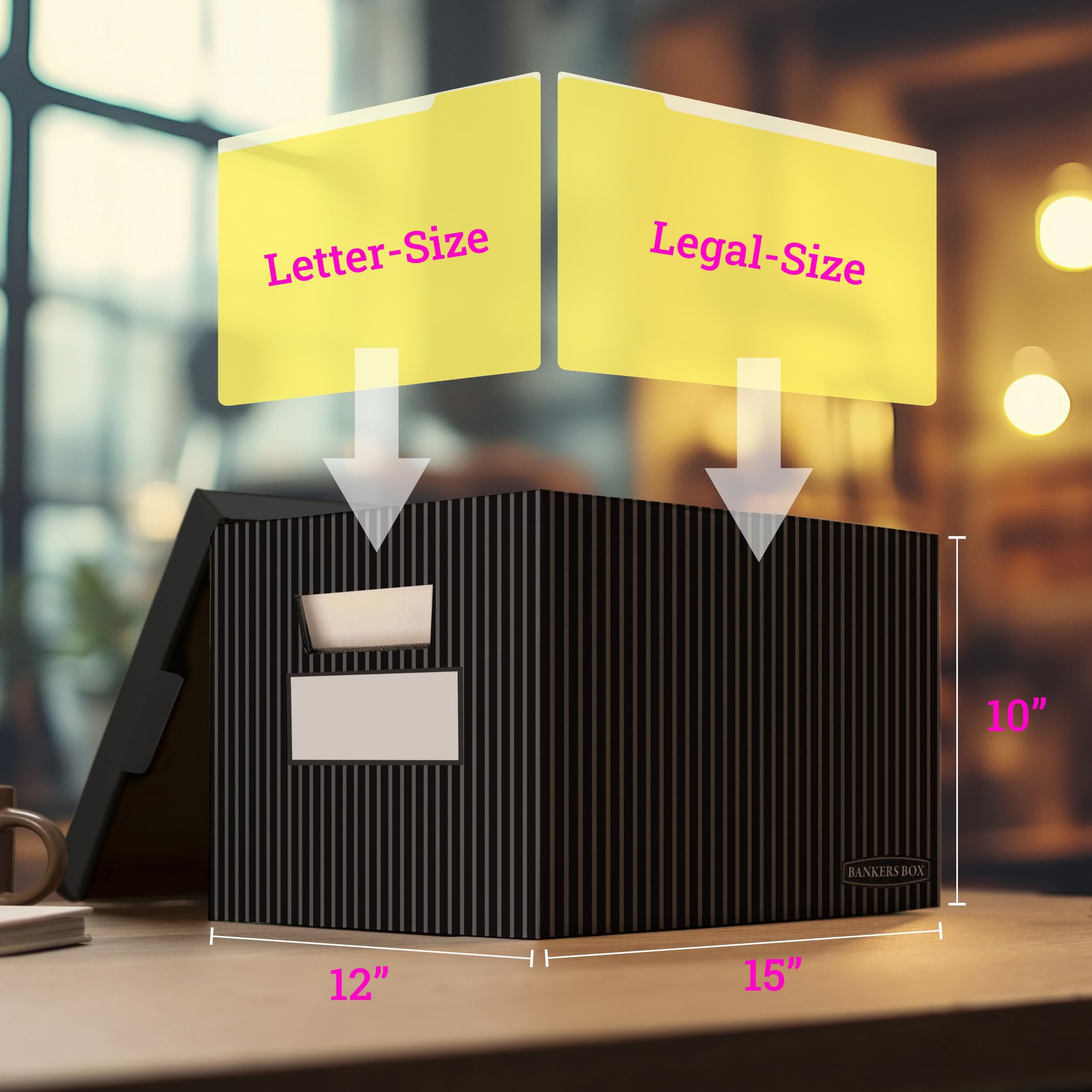 Bankers Box Stor/File dekorative mittelschwere Aktenaufbewahrungsboxen, FastFold, abziehbarer Deckel, Buchstabe/Legal, schwarz/grau Nadelstreifen, 4 Stück