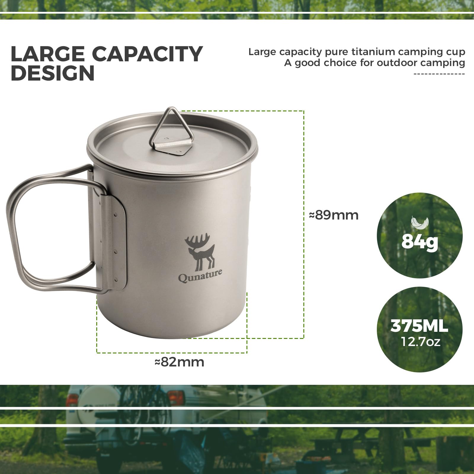 Tazza da Campeggio in Titanio 375ml, Tazza per Viaggio con Manico Pieghevole Antiscottatura e Coperchio Appendibile con Sacca di Stoccaggio, Leggero e Portatile, Escursionismo Trekking Picnic