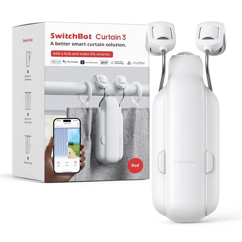 Immagine del prodotto SwitchBot Apri Tende Intelligente - Telecomando Bluetooth con App/Timer, Aggiornamento delle Prestazioni, Aggiungi Hub per Farlo Funzionare con Alexa, Google Home, HomeKit (Curtain 3, Rod)