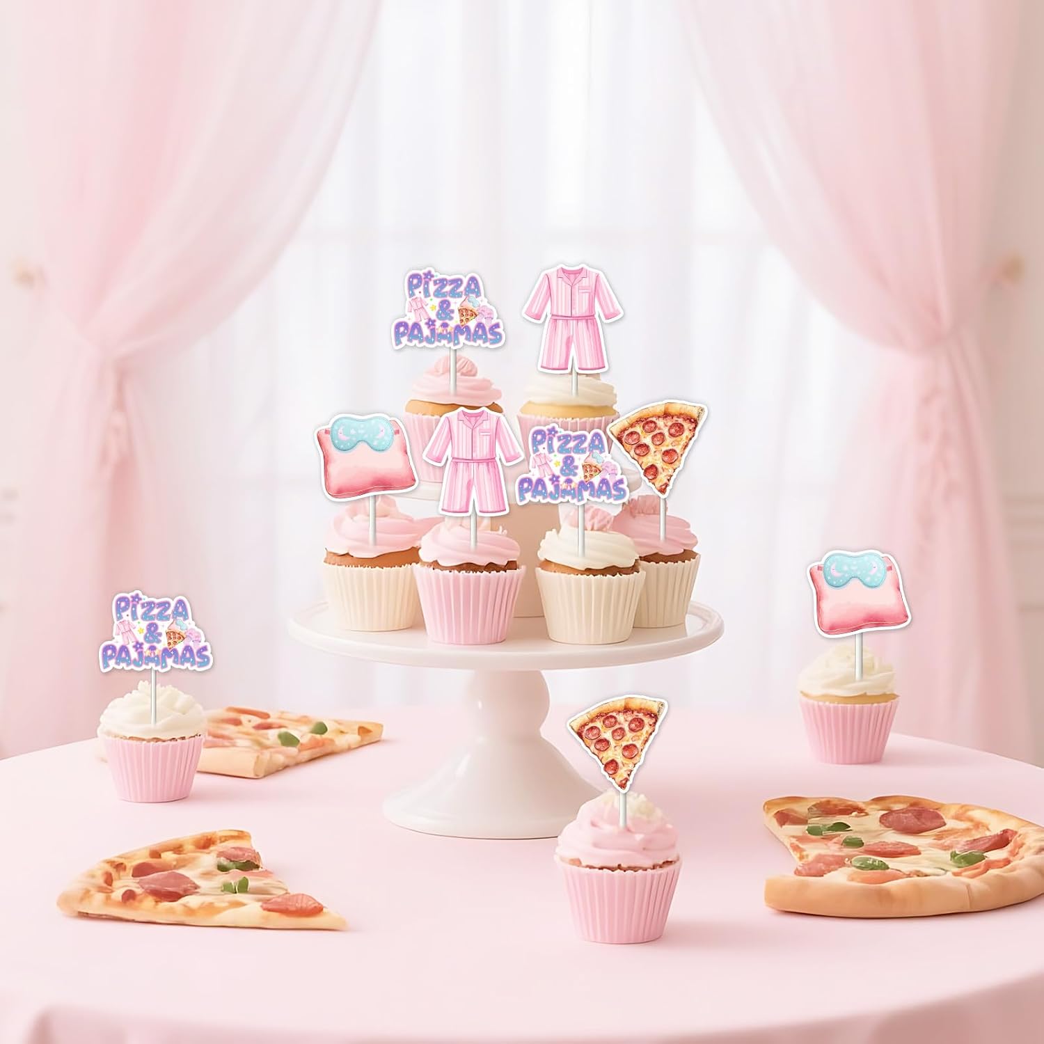 24 Pcs Pizza and Pajamas Cupcake Toppers - Sleepover Birthday Cake Decorations for Girls, Double Sided Slumber Theme Party Supplies